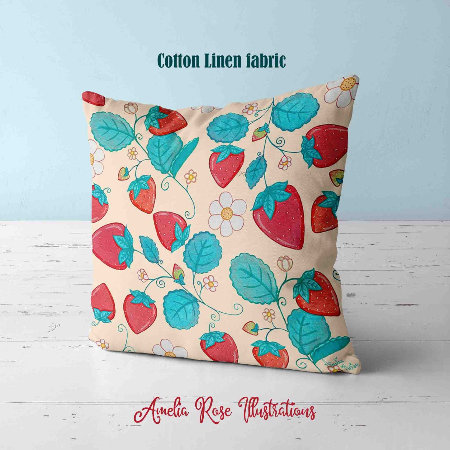 Strawberries and Cream Velvet | Linen Cotton | Satin Throw Pillow Covers without Inserts by AmeliaRose Illustrations from UK