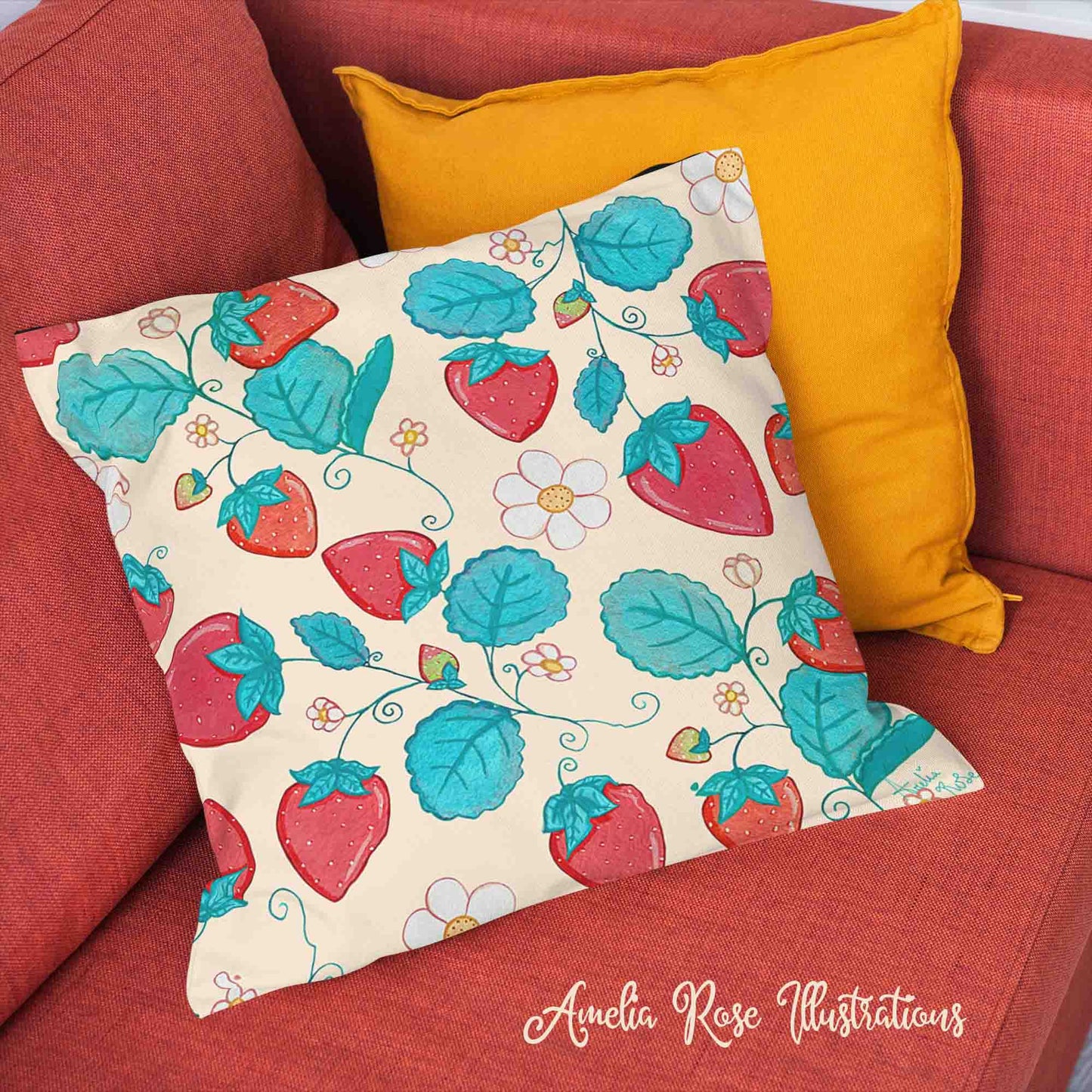 Strawberries and Cream Velvet | Linen Cotton | Satin Throw Pillow Covers without Inserts by AmeliaRose Illustrations from UK