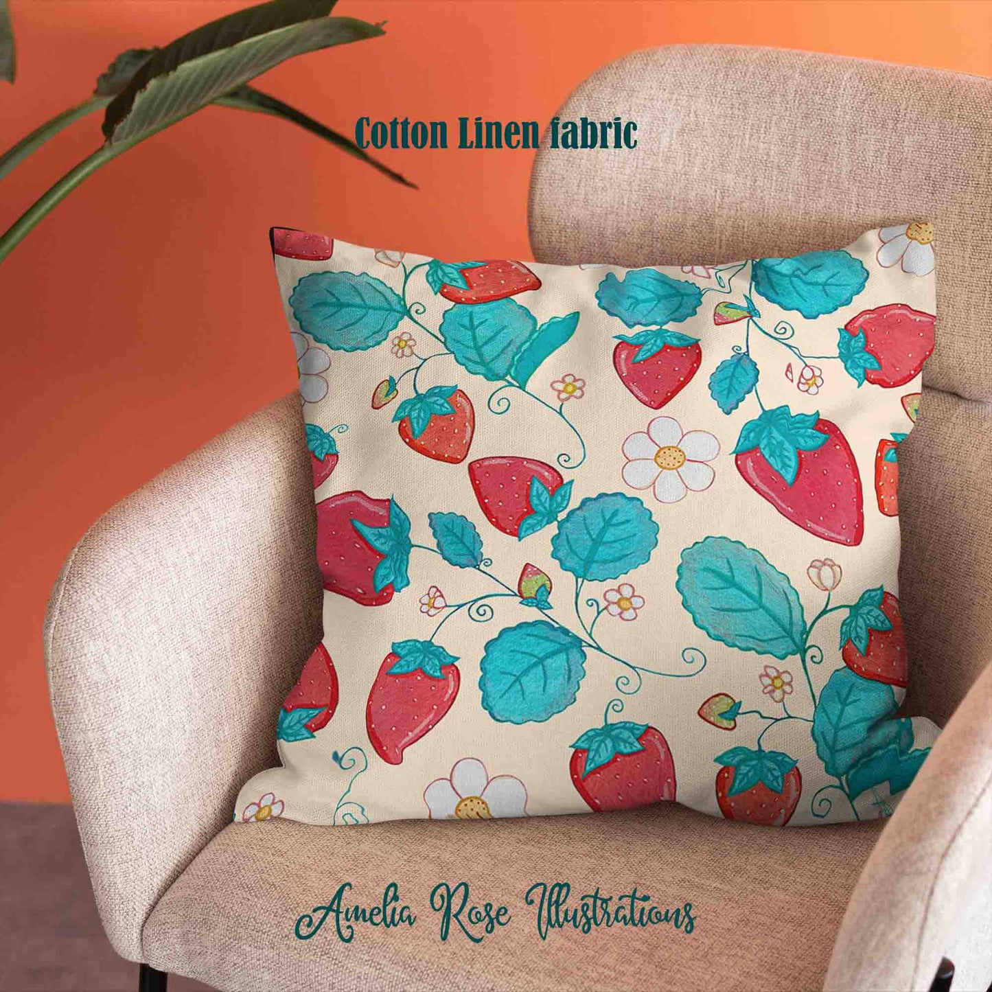 Strawberries and Cream Velvet | Linen Cotton | Satin Throw Pillow Covers without Inserts by AmeliaRose Illustrations from UK