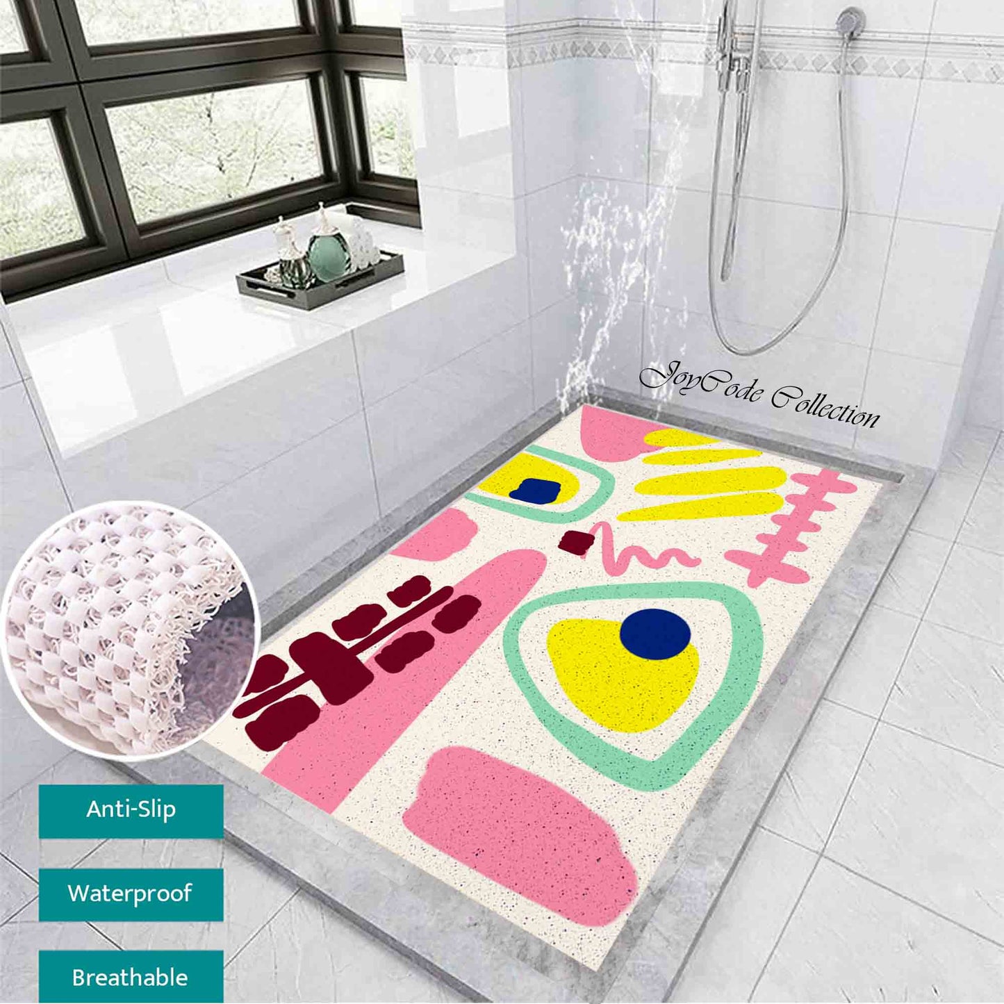JoySwallow Personalized Bathtub Mat, Abstract Geometrical Pink Yellow Blocks Bathtub Mat, Line Art PVC Coil Shower Mat, Geometrical Anti Skid PVC Coil Bathmat, Permeable Bathmat, Drainable Rug