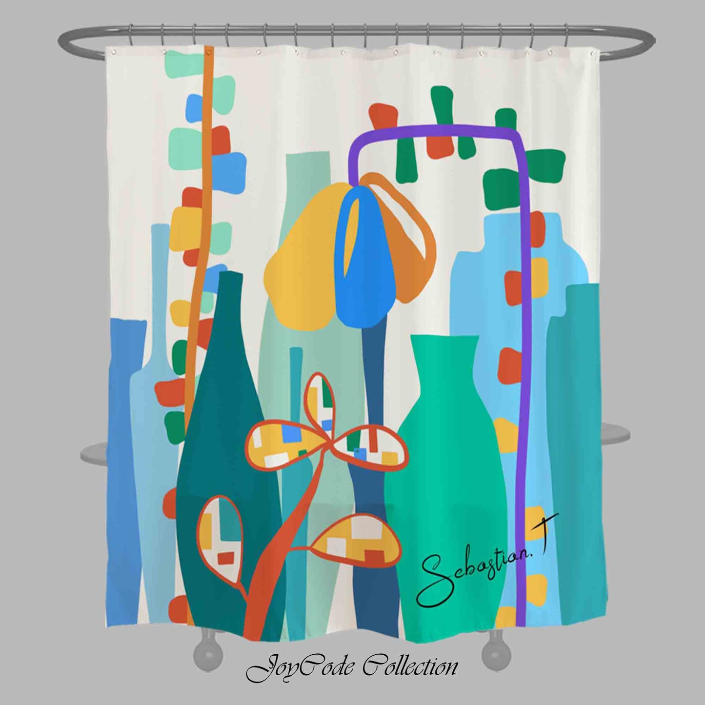 JoySwallow Abstract Geometrical Floral Vase Shower Curtain, Flower Waterproof Curtains, Colorful Machine Washable Shower Curtains, Heavy Weighted Bath Curtains with hooks