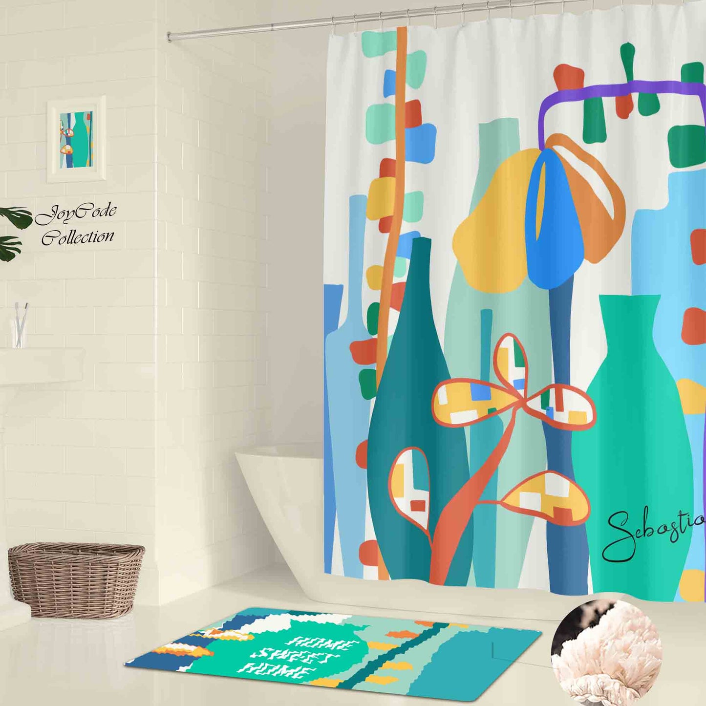 JoySwallow Abstract Geometrical Floral Vase Shower Curtain, Flower Waterproof Curtains, Colorful Machine Washable Shower Curtains, Heavy Weighted Bath Curtains with hooks