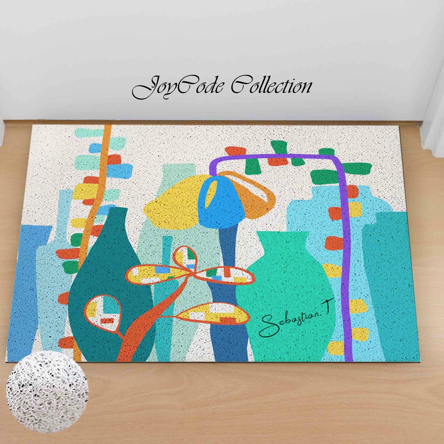 JoySwallow Personalized Door Mat, Abstract Geometrical Floral Vase PVC Coil Entrance Door Mat, Anti-Skid Outdoor Mat, Colorful Entryway Rug for Porch Courtyard