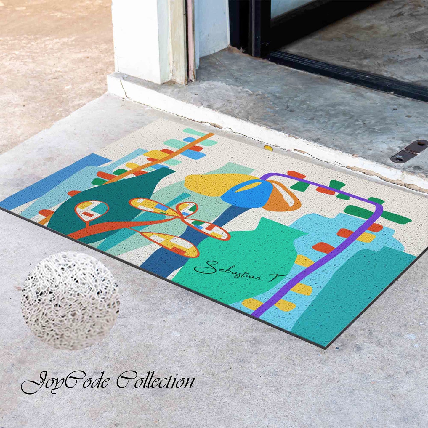 JoySwallow Personalized Door Mat, Abstract Geometrical Floral Vase PVC Coil Entrance Door Mat, Anti-Skid Outdoor Mat, Colorful Entryway Rug for Porch Courtyard
