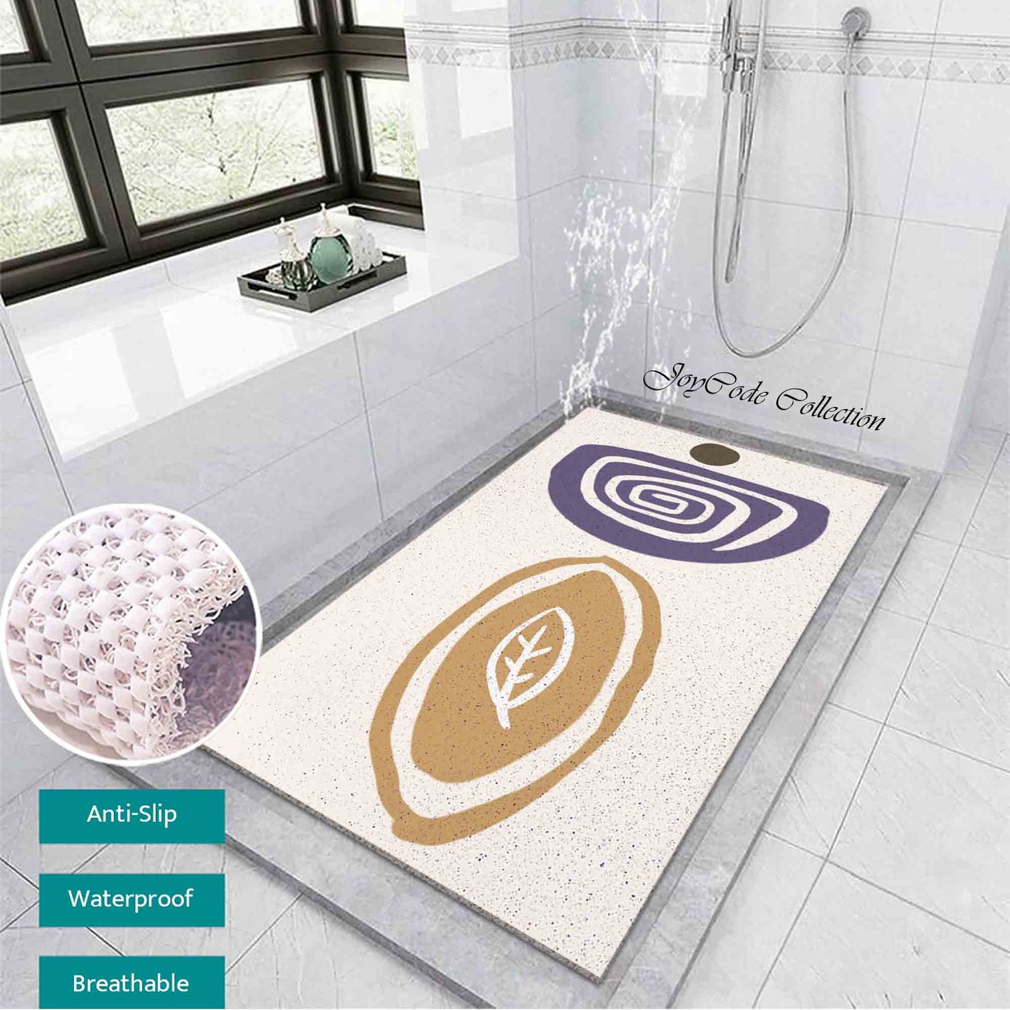JoySwallow Personalized Bathtub Mat, Abstract Purple Khaki Leaves Bathtub Mat, Line Art PVC Coil Shower Mat, Geometrical Anti Skid PVC Coil Bathmat, Permeable Bathmat, Drainable Rug