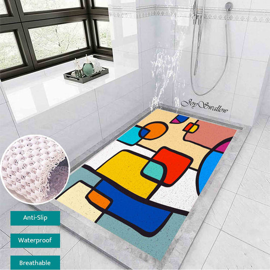 JoySwallow Personalized Bathtub Mat, Abstract Colorful Geometrical Blocks Bathtub Mat, PVC Coil Shower Mat, Anti Skid PVC Coil Bathmat, Geometric Permeable Bathmat, Drainable Rug