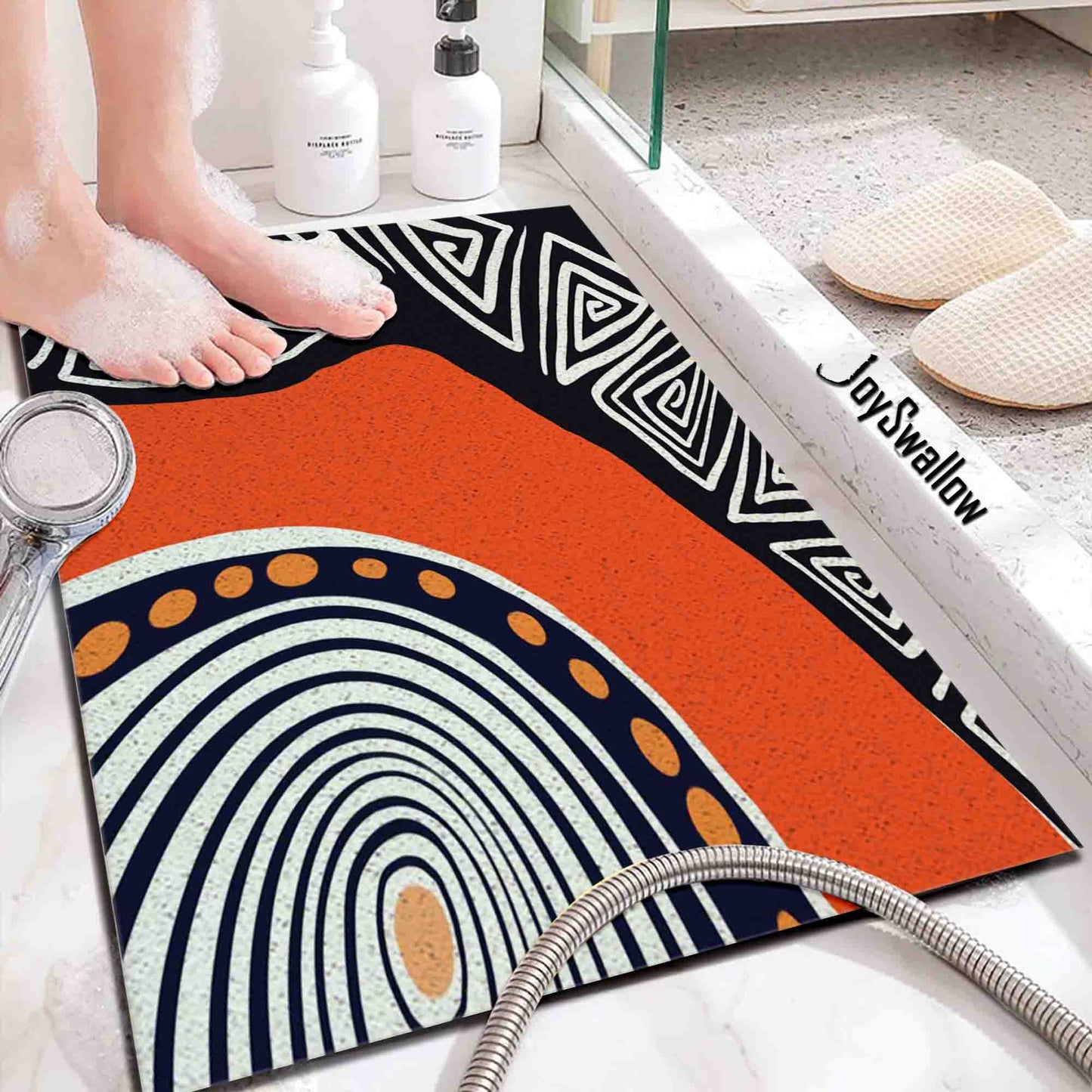 JoySwallow Personalized Bathtub Mat, Abstract Geometrical Line Art Bathtub Mat, Orange Black Blocks PVC Coil Shower Mat, Anti Skid PVC Coil Bathmat, Geometric Permeable Bathmat, Drainable Rug