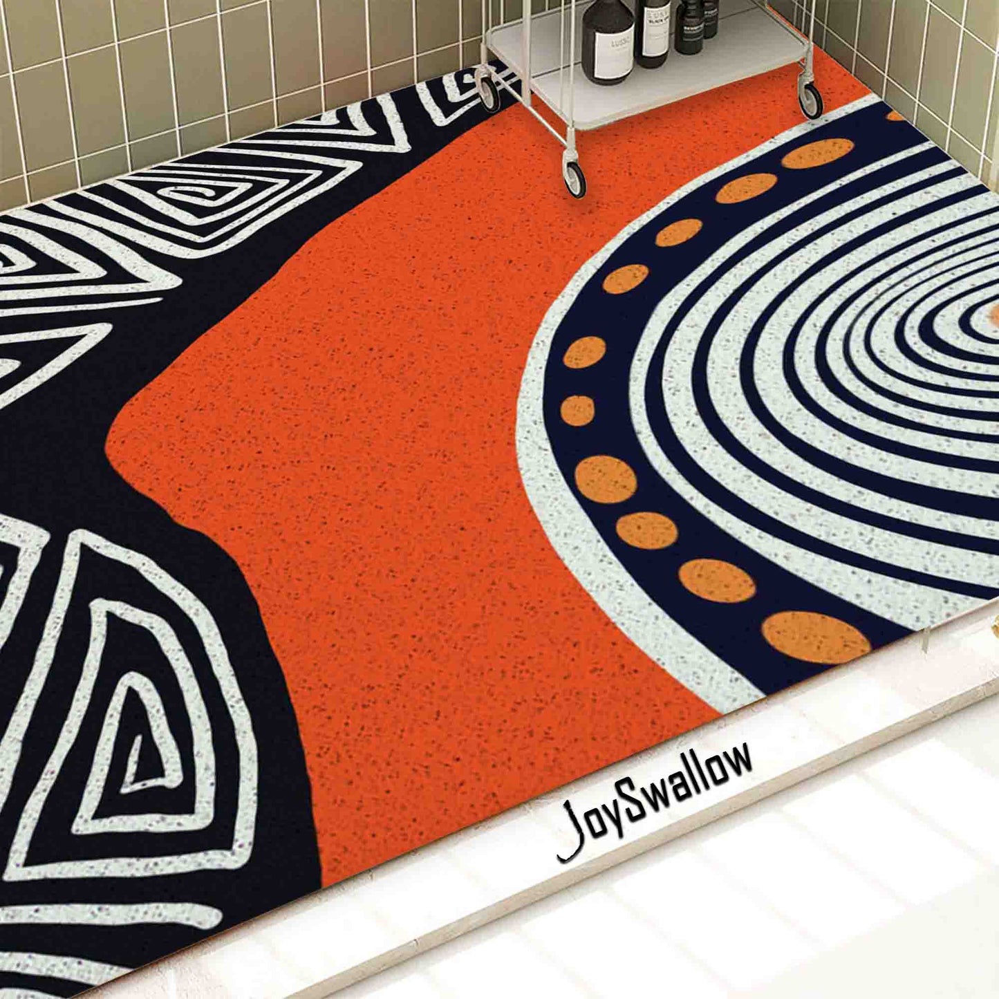 JoySwallow Personalized Bathtub Mat, Abstract Geometrical Line Art Bathtub Mat, Orange Black Blocks PVC Coil Shower Mat, Anti Skid PVC Coil Bathmat, Geometric Permeable Bathmat, Drainable Rug