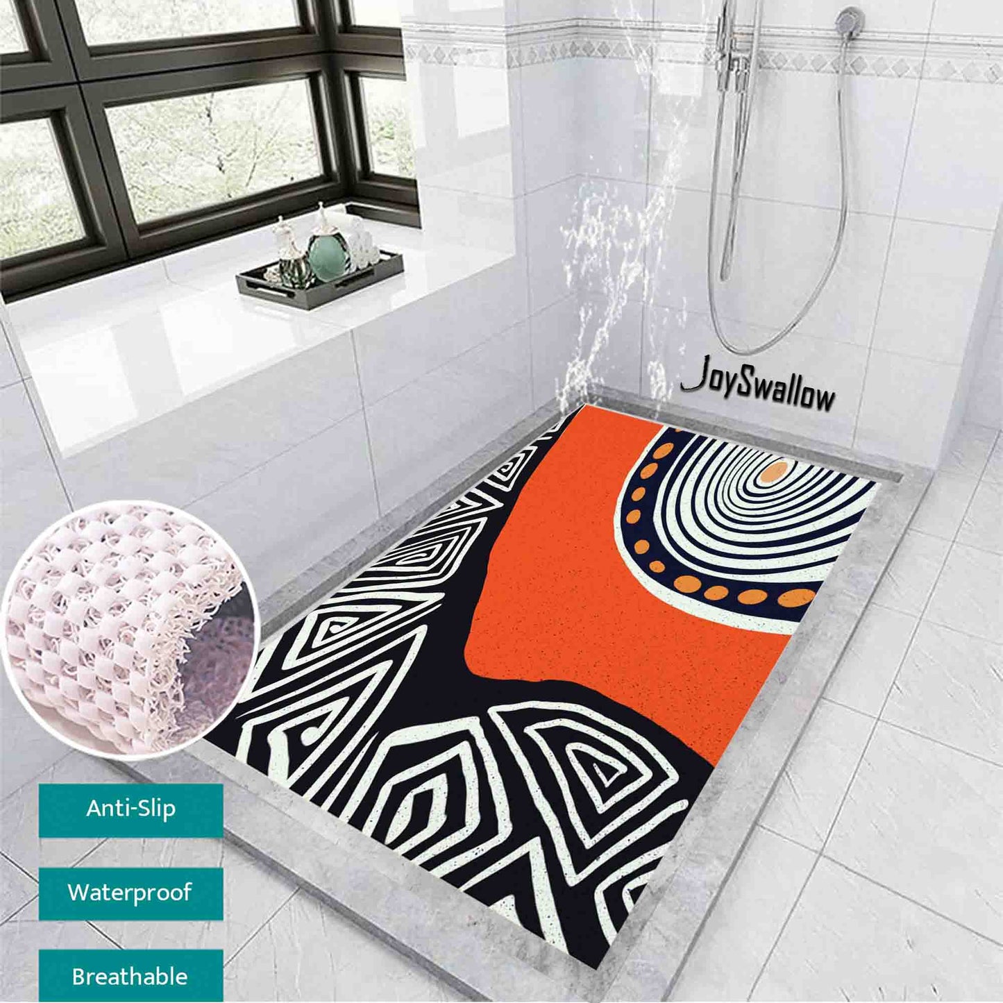 JoySwallow Personalized Bathtub Mat, Abstract Geometrical Line Art Bathtub Mat, Orange Black Blocks PVC Coil Shower Mat, Anti Skid PVC Coil Bathmat, Geometric Permeable Bathmat, Drainable Rug