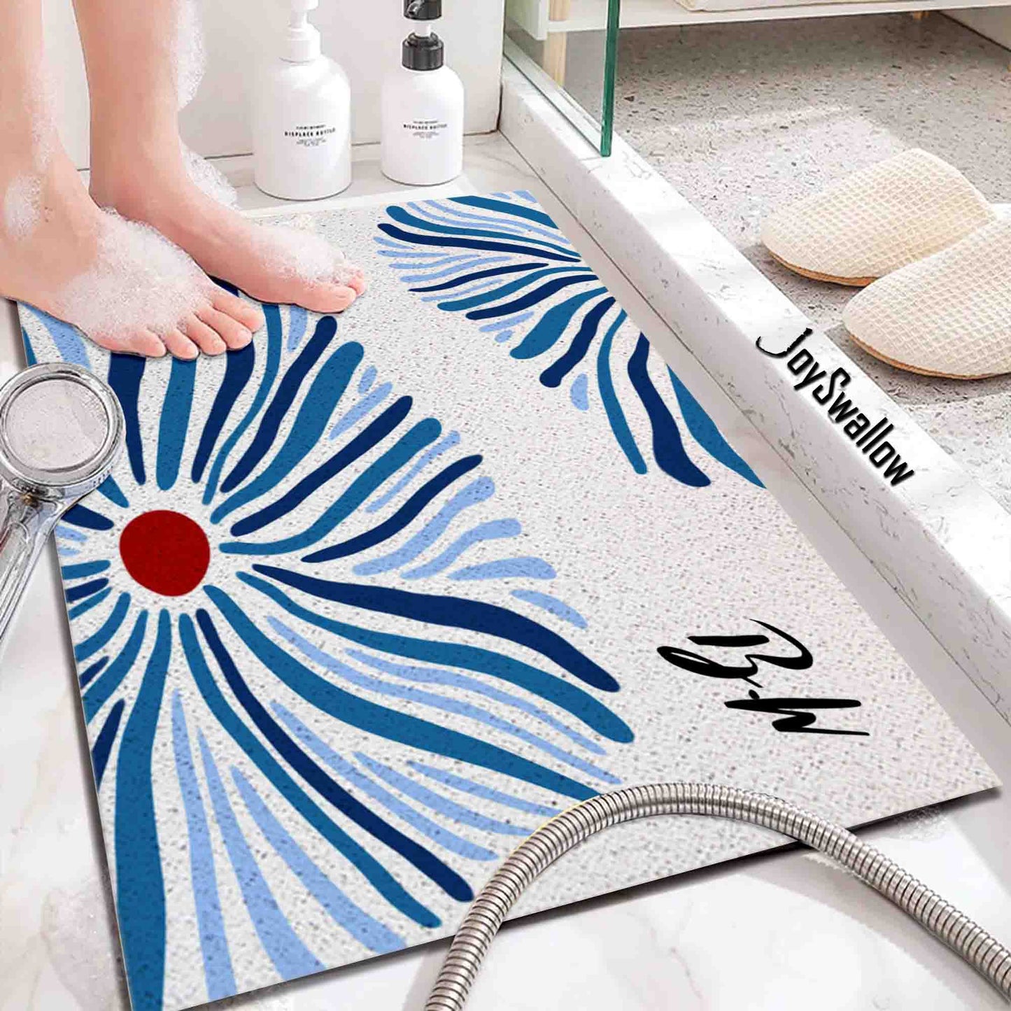 JoySwallow Personalized Bathtub Mat, Abstract Blue Flower Bath Tub Mat, PVC Coil Permeable Bath Mat, Floral Drainable Bath Rug, Anti Skid Bathmat