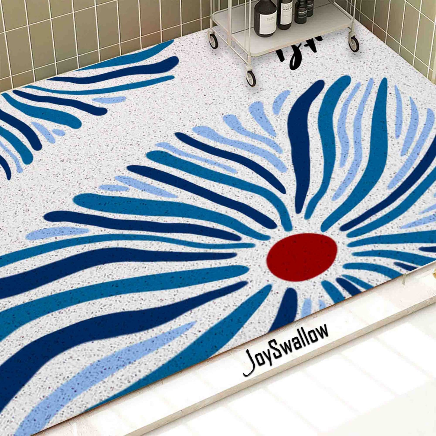 JoySwallow Personalized Bathtub Mat, Abstract Blue Flower Bath Tub Mat, PVC Coil Permeable Bath Mat, Floral Drainable Bath Rug, Anti Skid Bathmat