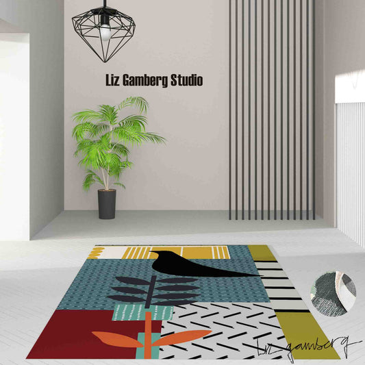 Bird On Vine Handmade Yarn Dye Living Room Rug by Liz Gamberg Studio from US