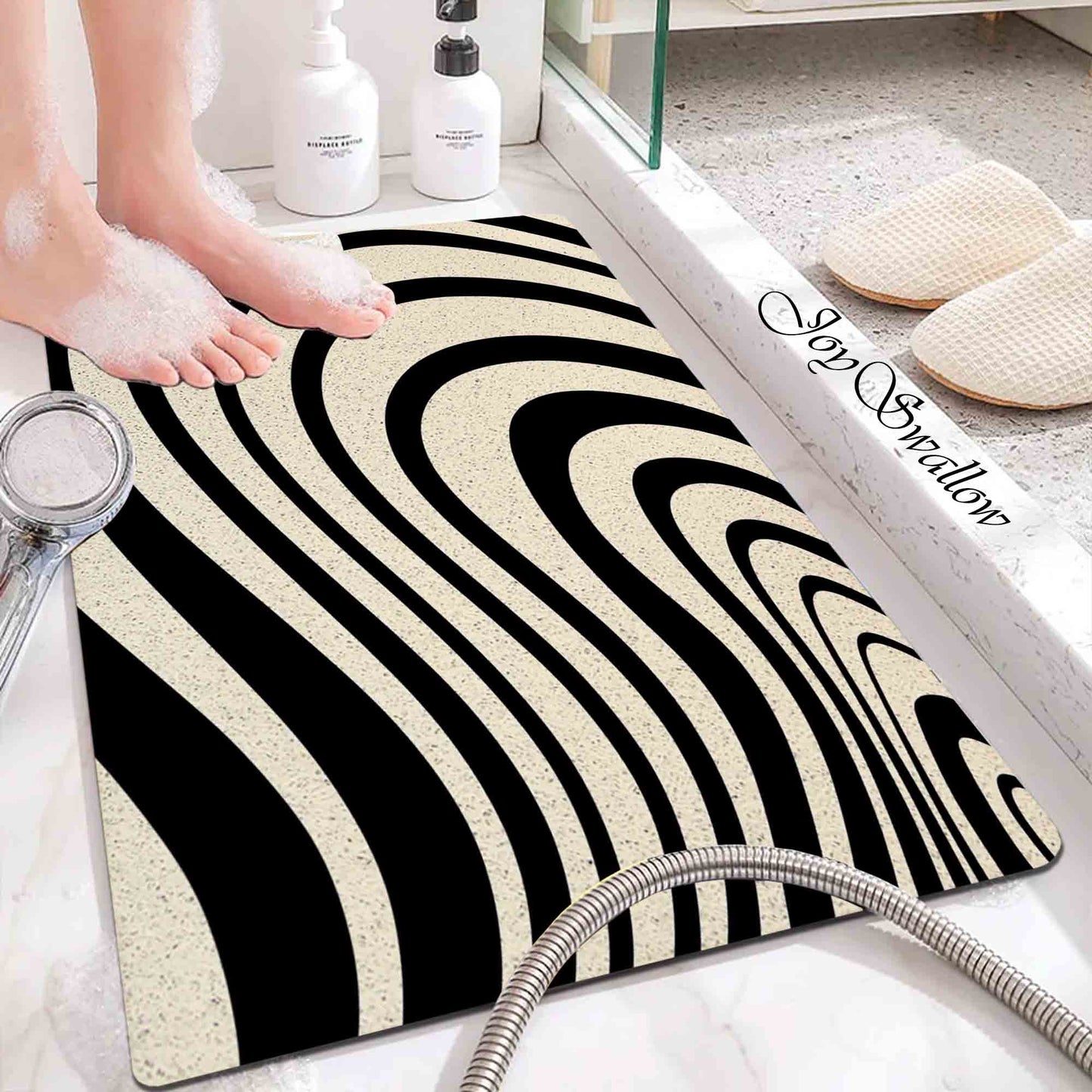 JoySwallow Personalized Bathtub Mat, Black White Dazzling Wave Bathtub Mat, Line Art PVC Coil Shower Mat, Geometrical Anti Skid PVC Coil Bathmat, Permeable Bathmat, Drainable Rug