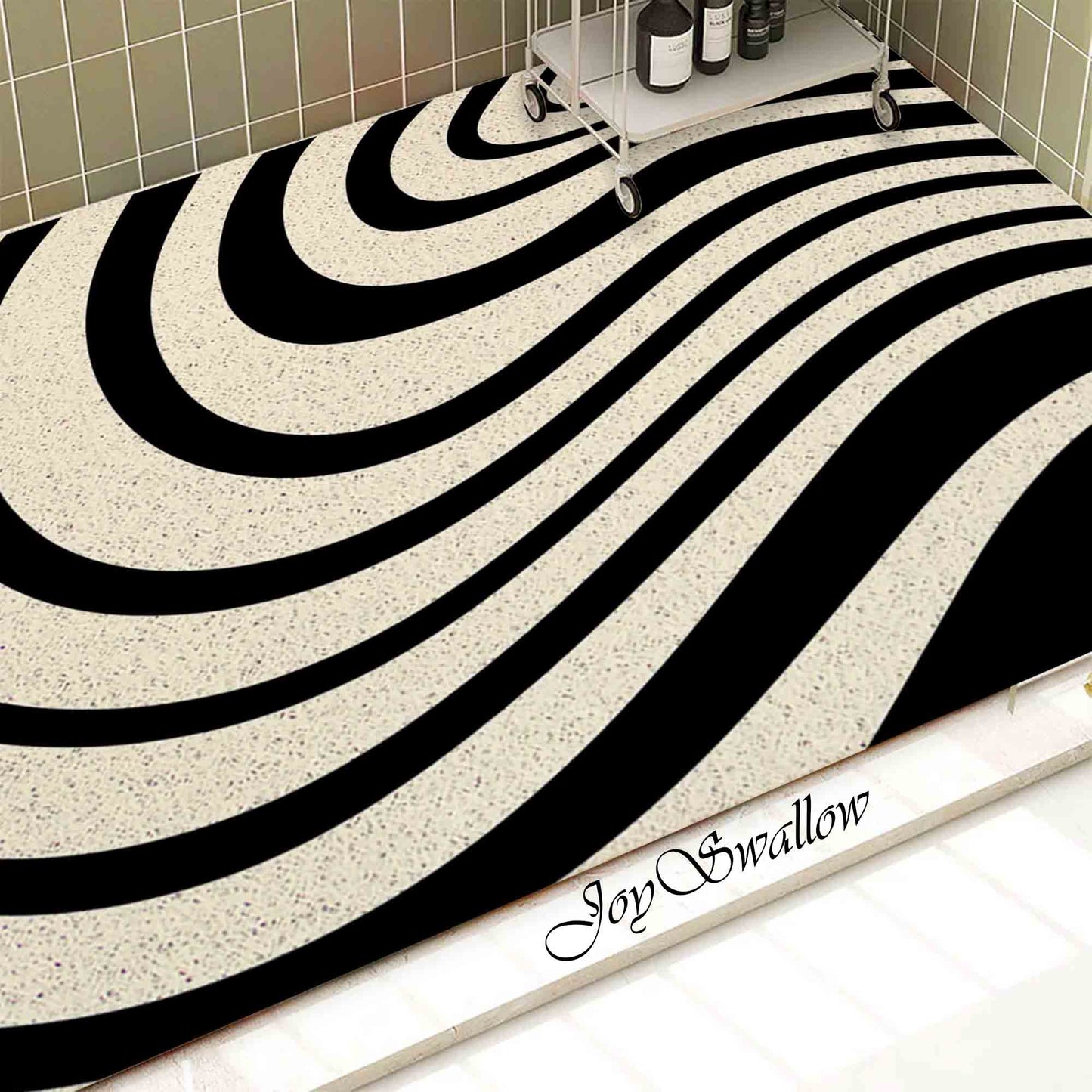 JoySwallow Personalized Bathtub Mat, Black White Dazzling Wave Bathtub Mat, Line Art PVC Coil Shower Mat, Geometrical Anti Skid PVC Coil Bathmat, Permeable Bathmat, Drainable Rug