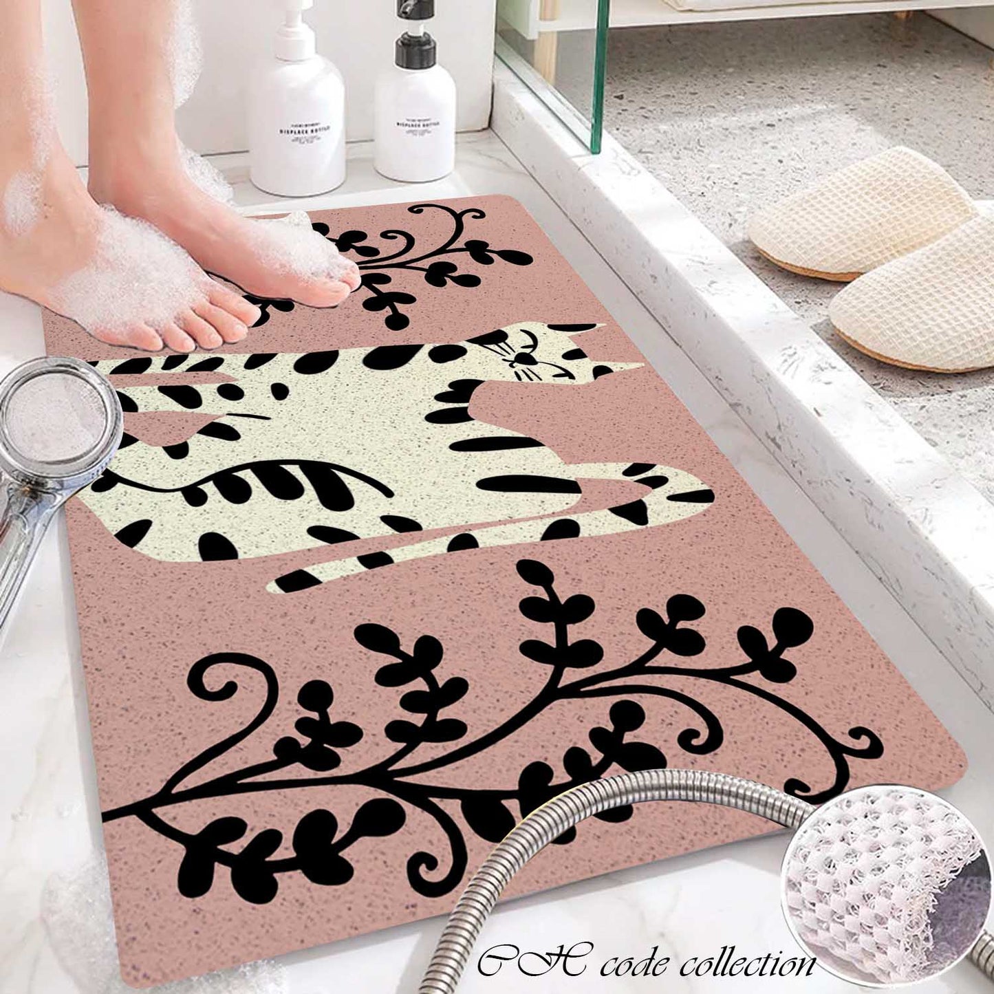 JoySwallow Personalized Bathtub Mat, Black and white Lovely Cat Bath Tub Mat, PVC Coil Shower Mat, Anti Skid PVC Coil Bathmat, Animal Permeable Bathmat, Drainable Rug