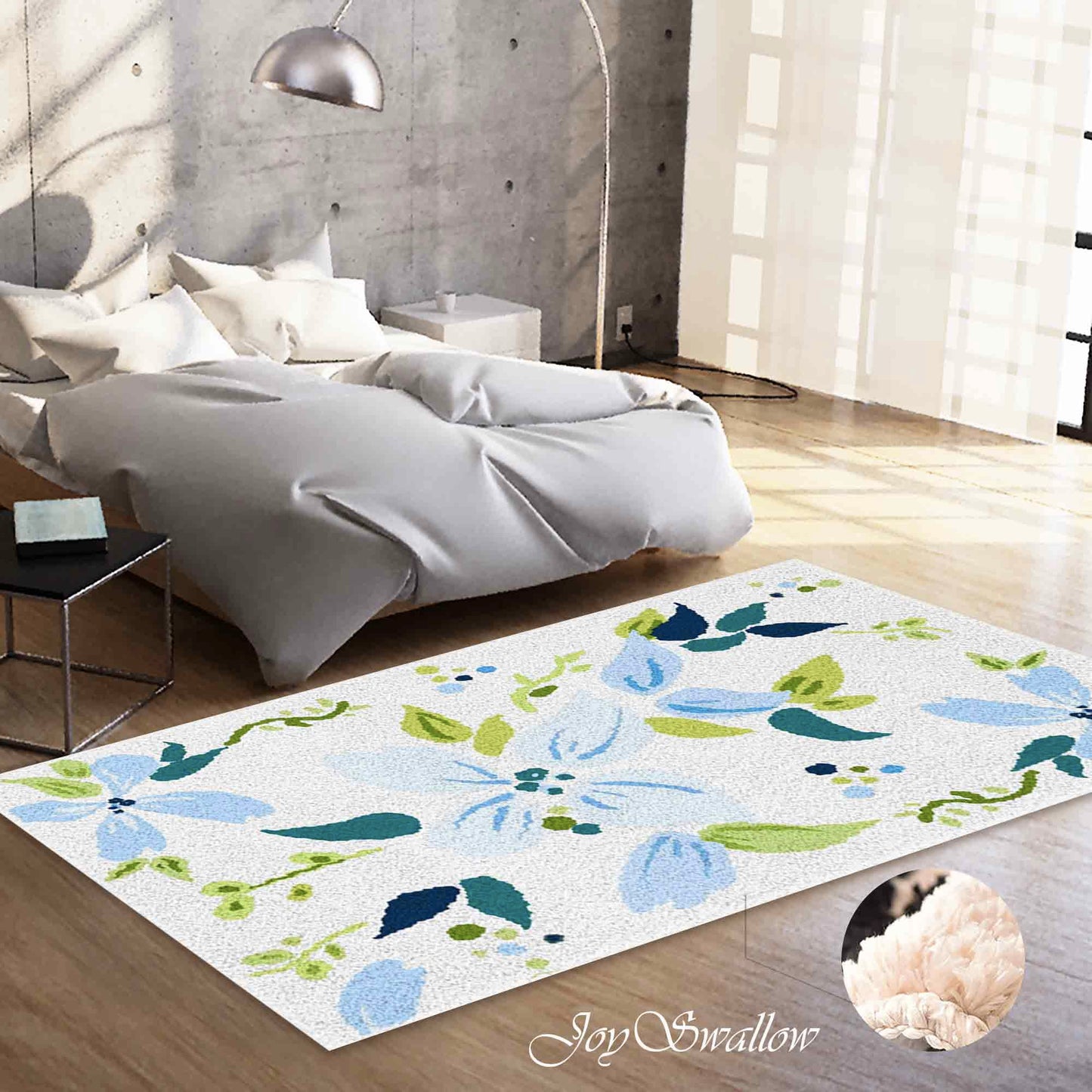 JoySwallow Blue Flower Tufted Bathmat, Floral Bathroom Rug, Flower Area Rug, Floral Bedroom Rugs