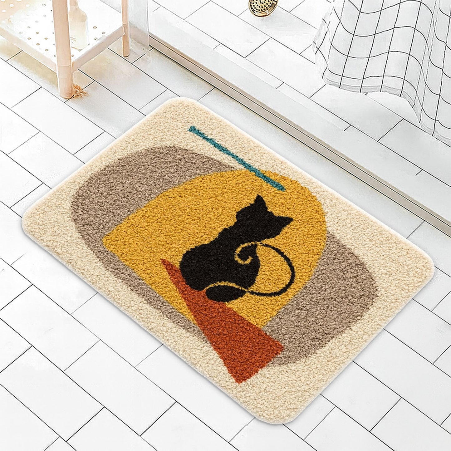 JoySwallow Cat Waiting at Door Tufted Bathmat, Animal Bathroom Rug, Cat Area Rug, Kitty Bedroom Rugs