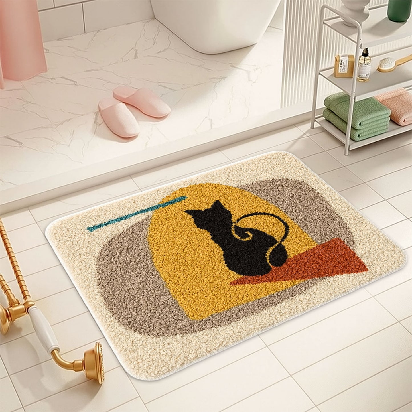 JoySwallow Cat Waiting at Door Tufted Bathmat, Animal Bathroom Rug, Cat Area Rug, Kitty Bedroom Rugs