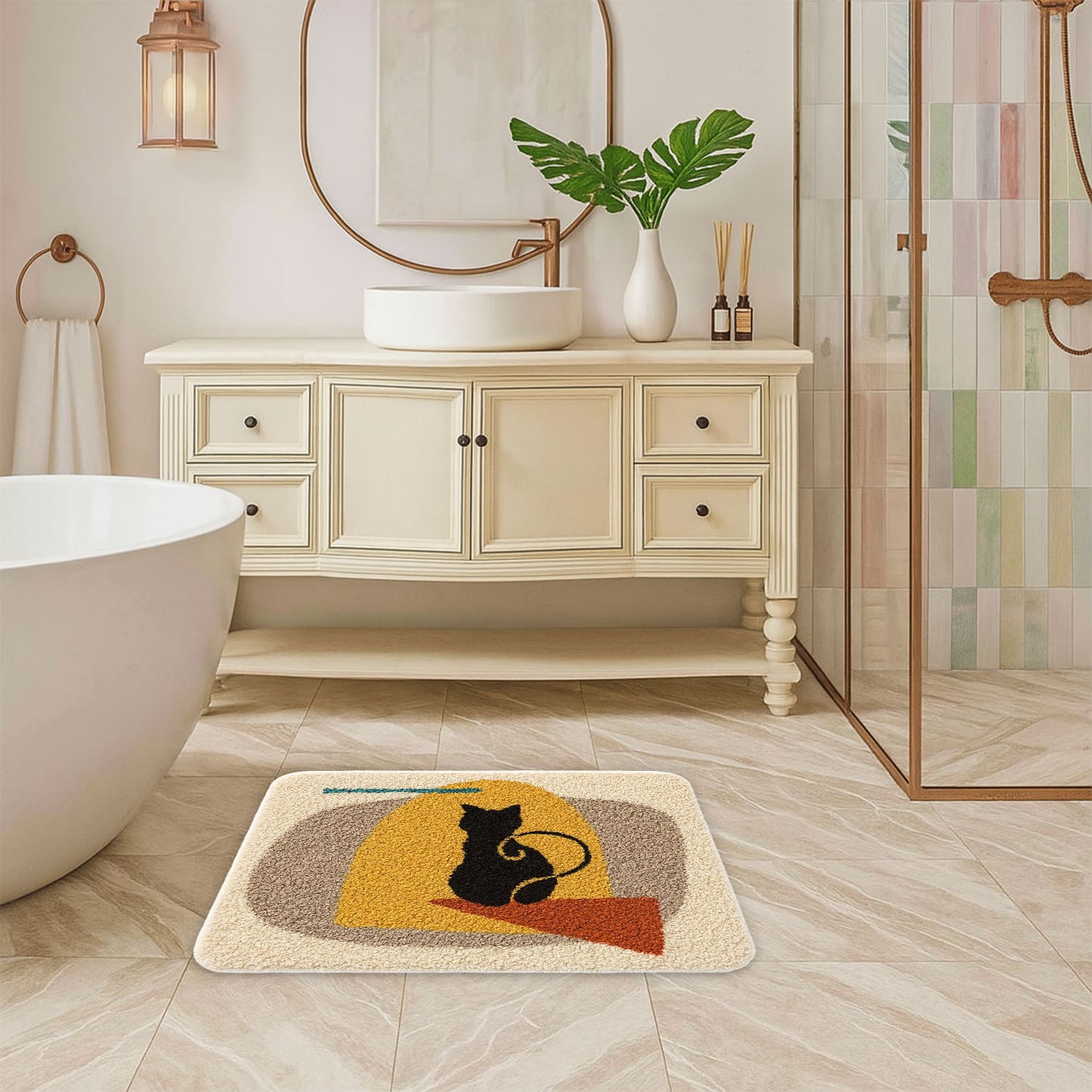 JoySwallow Cat Waiting at Door Tufted Bathmat, Animal Bathroom Rug, Cat Area Rug, Kitty Bedroom Rugs