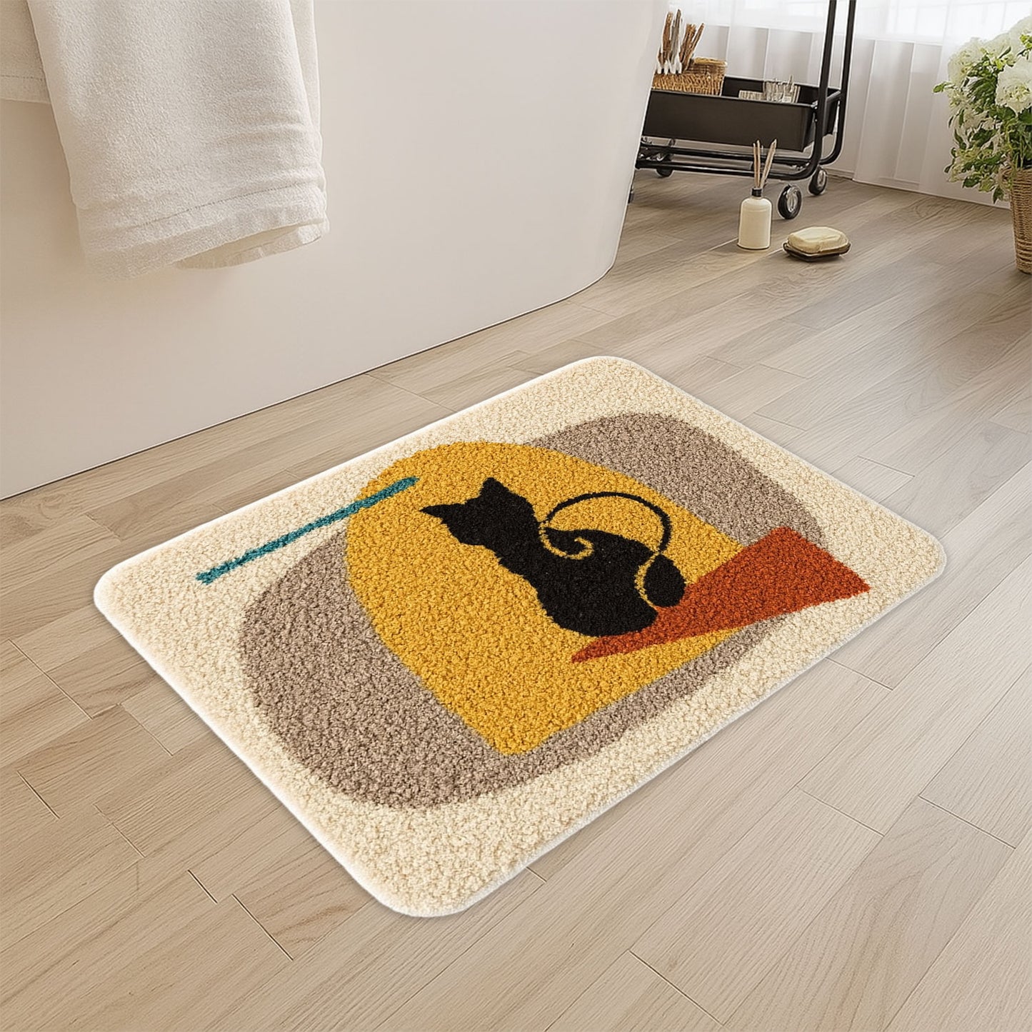 JoySwallow Cat Waiting at Door Tufted Bathmat, Animal Bathroom Rug, Cat Area Rug, Kitty Bedroom Rugs