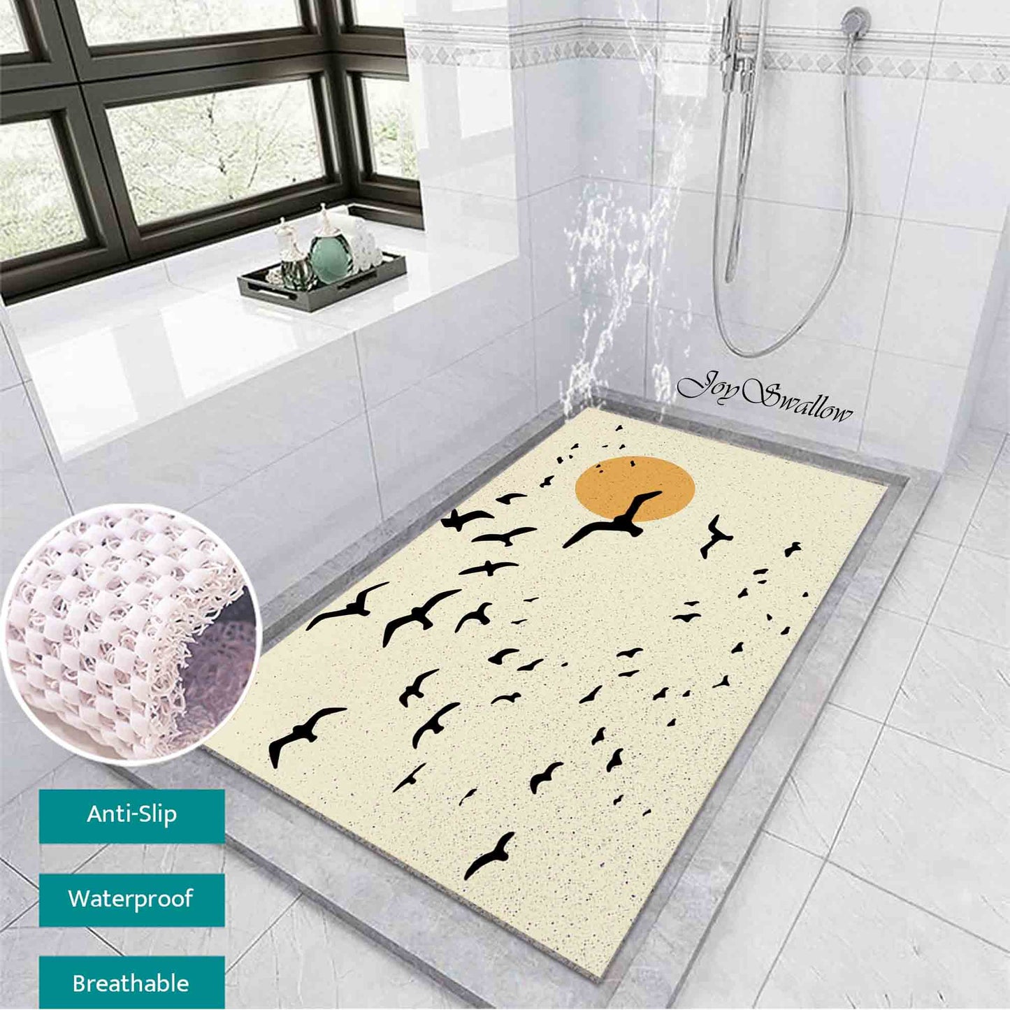 JoySwallow Personalized Bathtub Mat, Celestial Moon and Flying Birds Bathtub Mat, Art PVC Coil Shower Mat, Anti Skid PVC Coil Bathmat, Permeable Bathmat, Drainable Rug, Artistic Bathroom Décor