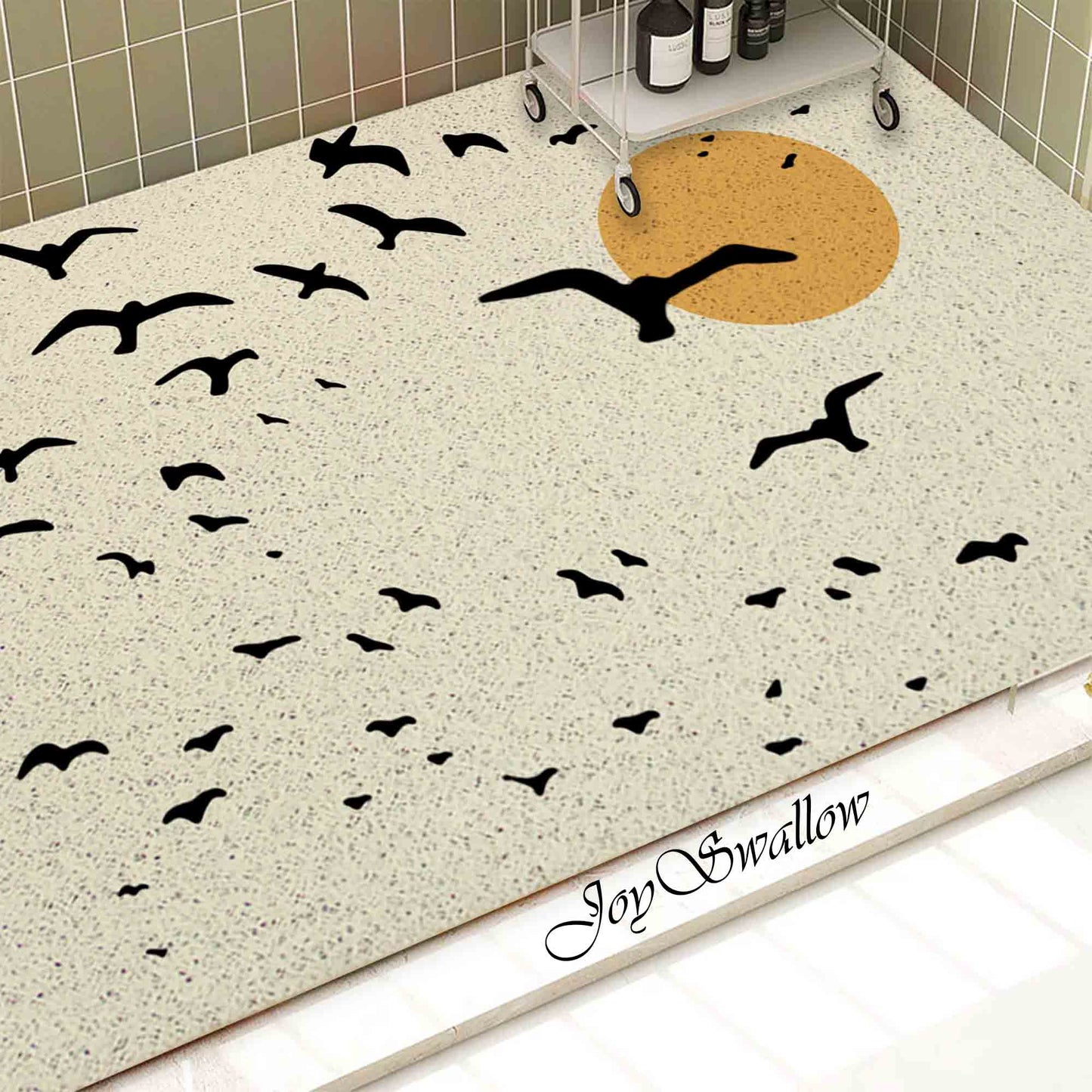 JoySwallow Personalized Bathtub Mat, Celestial Moon and Flying Birds Bathtub Mat, Art PVC Coil Shower Mat, Anti Skid PVC Coil Bathmat, Permeable Bathmat, Drainable Rug, Artistic Bathroom Décor