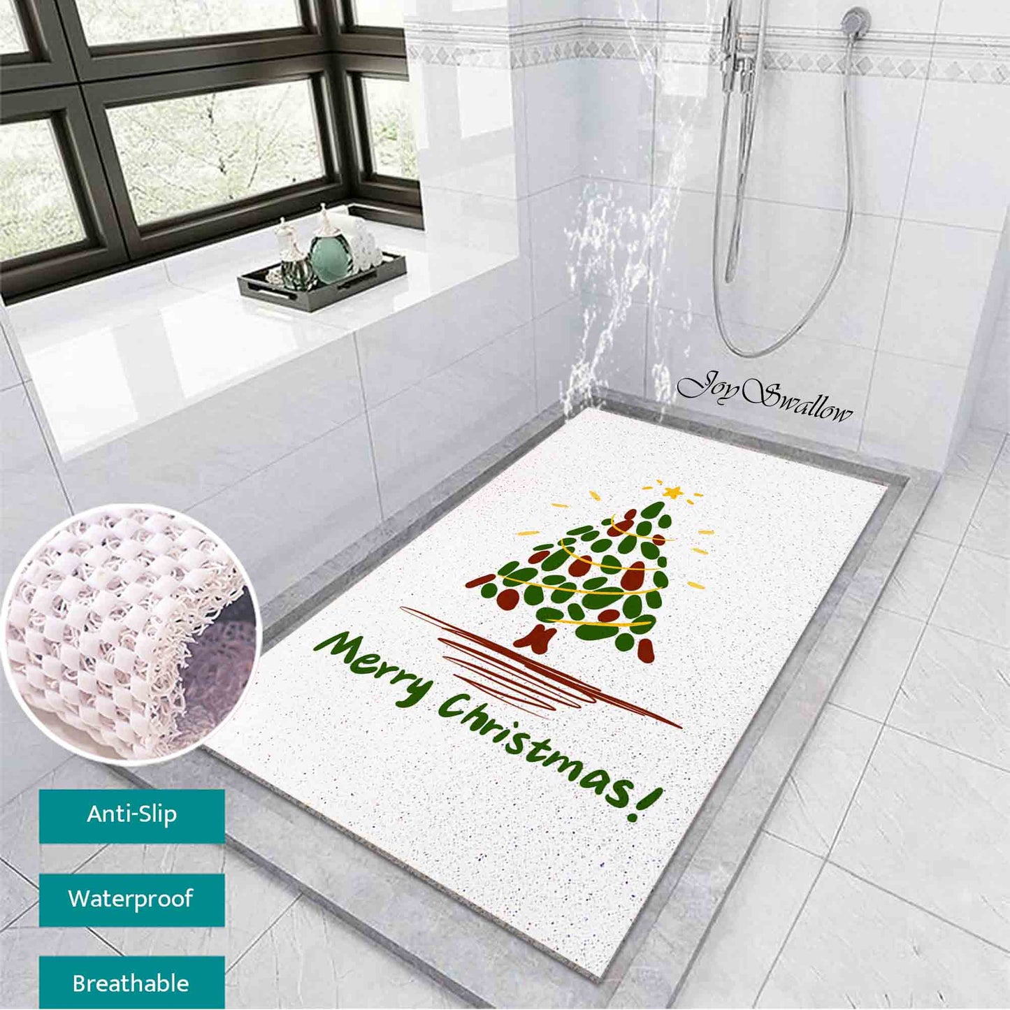 JoySwallow Personalized Bathtub Mat, Merry Christmas Tree Bathtub Mat, Art PVC Coil Shower Mat, Holiday Anti Skid PVC Coil Bathmat, Permeable Bathmat, Floral Drainable Rug