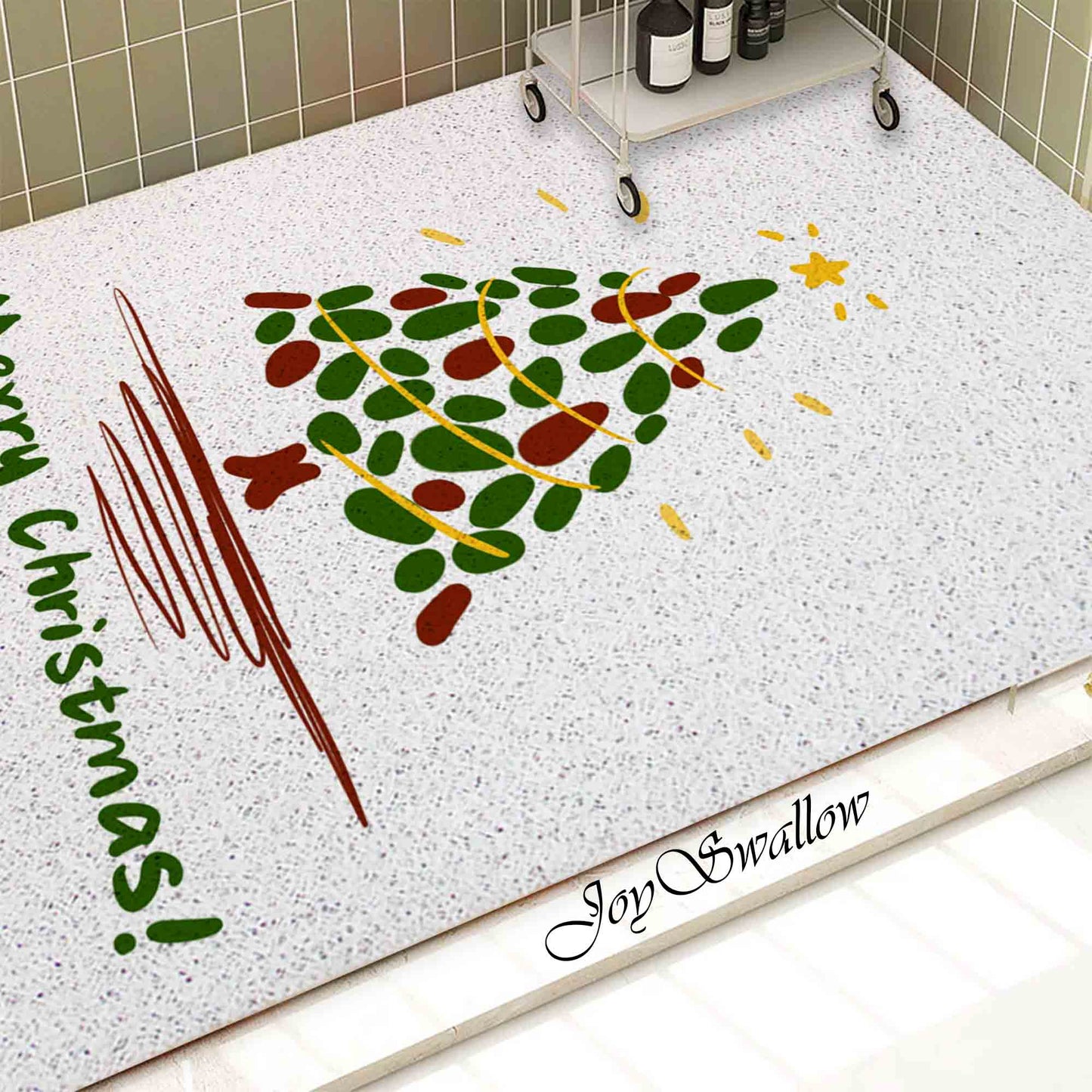JoySwallow Personalized Bathtub Mat, Merry Christmas Tree Bathtub Mat, Art PVC Coil Shower Mat, Holiday Anti Skid PVC Coil Bathmat, Permeable Bathmat, Floral Drainable Rug