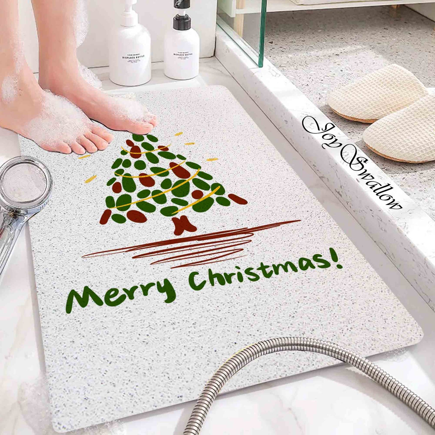 JoySwallow Personalized Bathtub Mat, Merry Christmas Tree Bathtub Mat, Art PVC Coil Shower Mat, Holiday Anti Skid PVC Coil Bathmat, Permeable Bathmat, Floral Drainable Rug