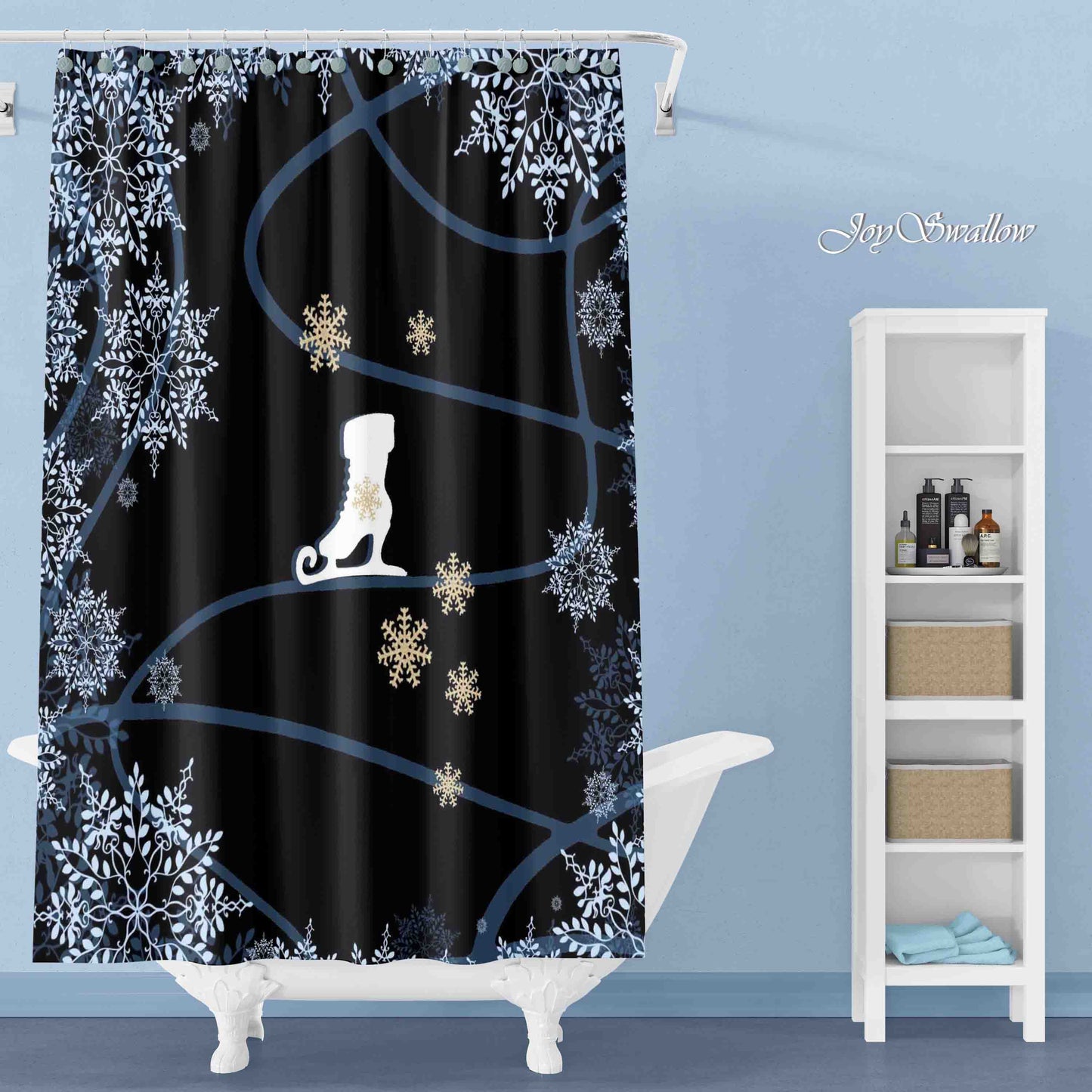 JoySwallow Christmas Ice Skates Snowflakes Shower Curtain, Holiday Waterproof Curtains, Machine Washable Shower Curtains, Figure Skating Heavy Weighted Bath Curtains with hooks