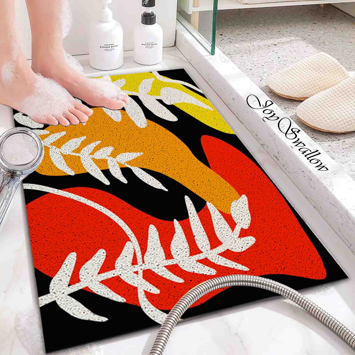 JoySwallow Personalized Bathtub Mat, Color Blocks and Leaves Tub Mat, PVC Coil Permeable Bath Mat, Floral Drainable Bath Rug, Anti Skid Bathmat