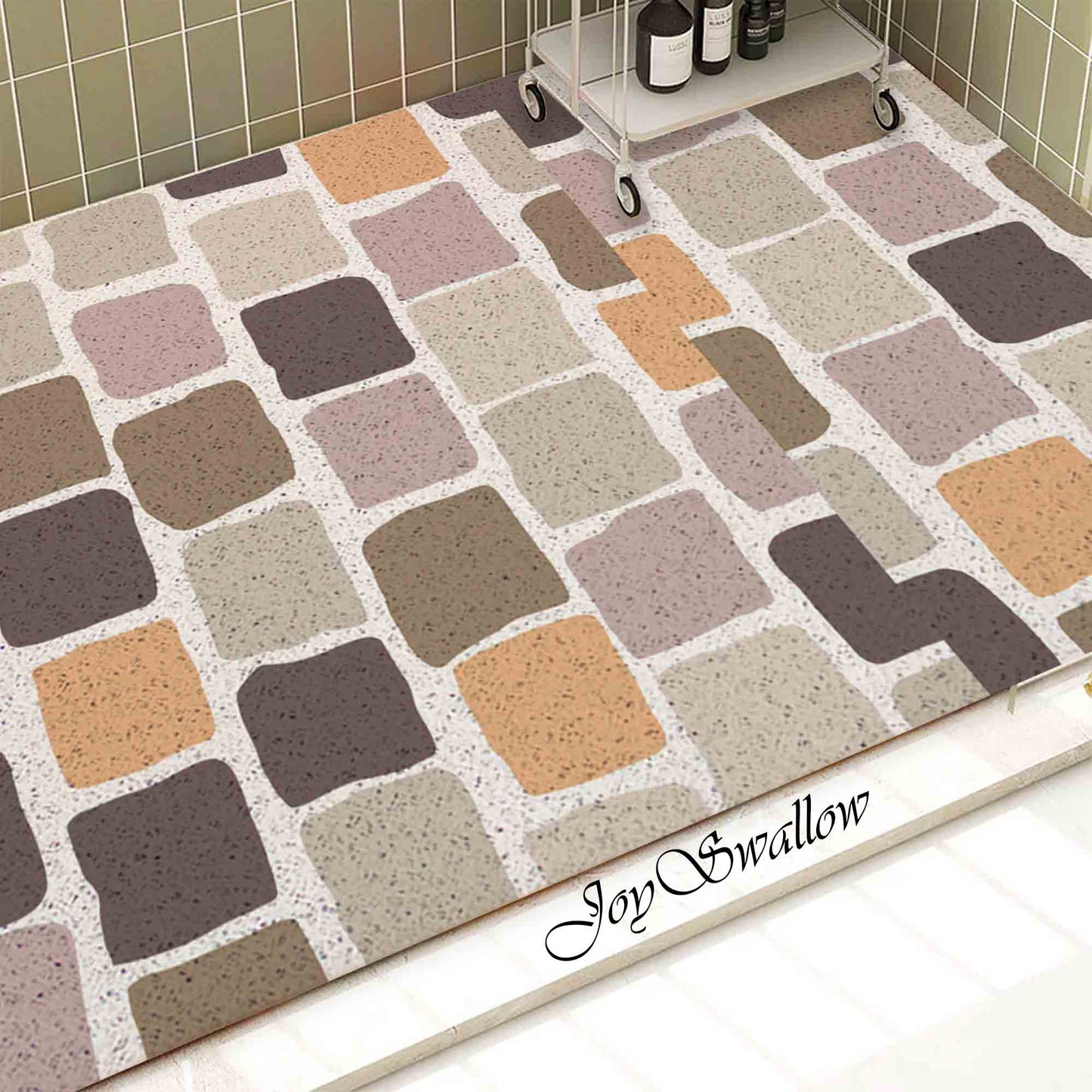JoySwallow Personalized Bathtub Mat, Colorful Blocks Abstract Wall Bathtub Mat, Abstract PVC Coil Shower Mat, Anti Skid PVC Coil Bathmat, Geometrical Permeable Bathmat, Line Art Drainable Rug