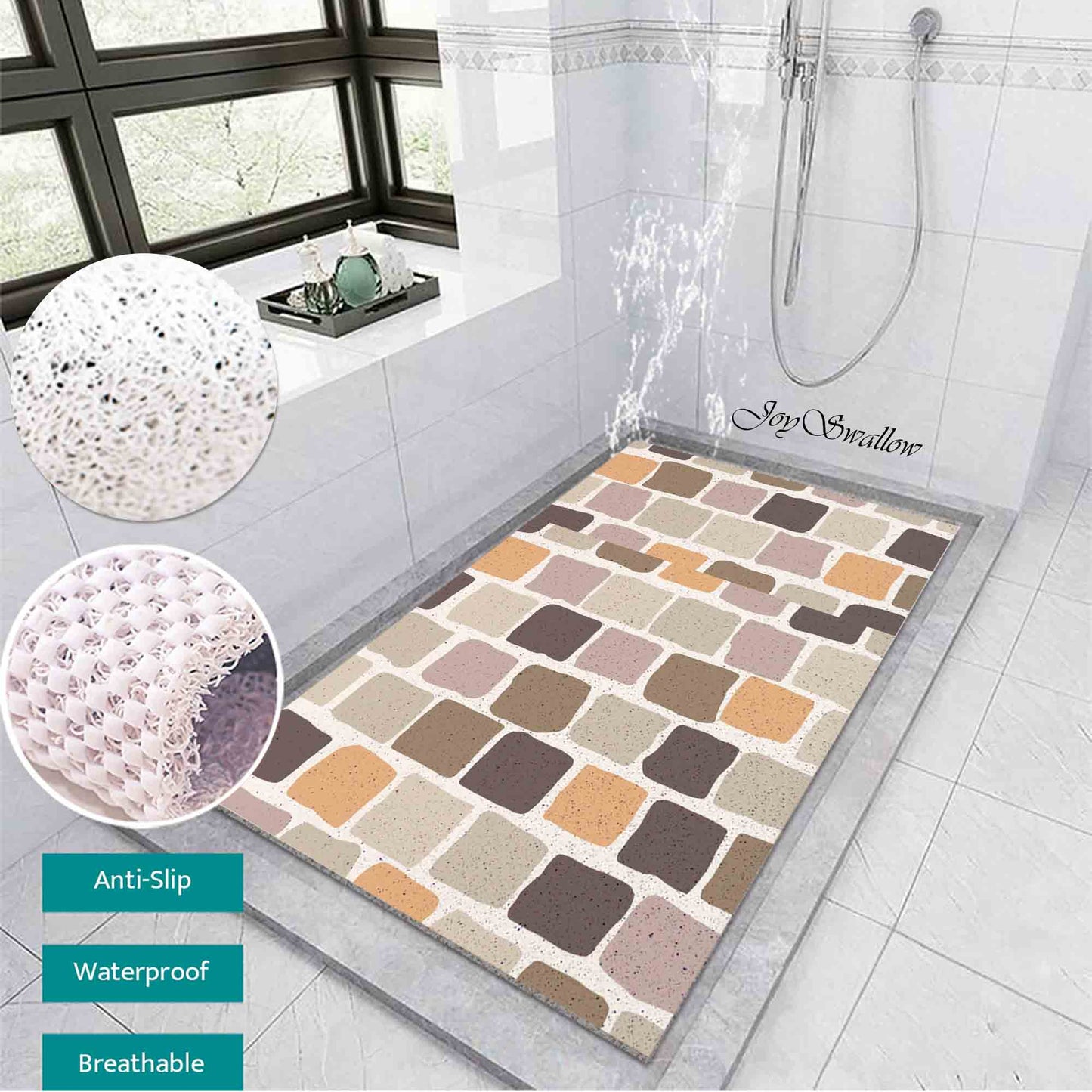 JoySwallow Personalized Bathtub Mat, Colorful Blocks Abstract Wall Bathtub Mat, Abstract PVC Coil Shower Mat, Anti Skid PVC Coil Bathmat, Geometrical Permeable Bathmat, Line Art Drainable Rug