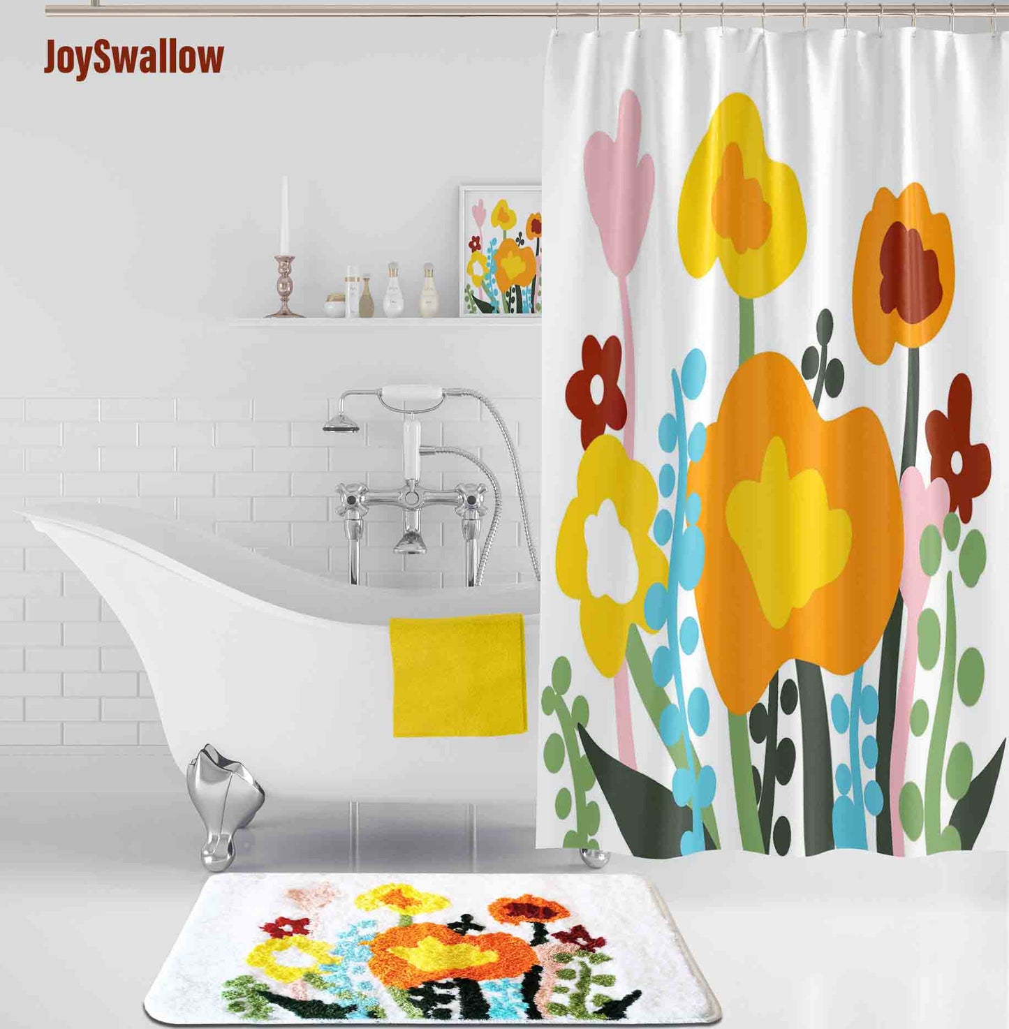 JoySwallow Colorful Flowers Shower Curtain, Leaves Waterproof Curtains, Floral Machine Washable Shower Curtains, flower Heavy Weighted Bath Curtains with hooks