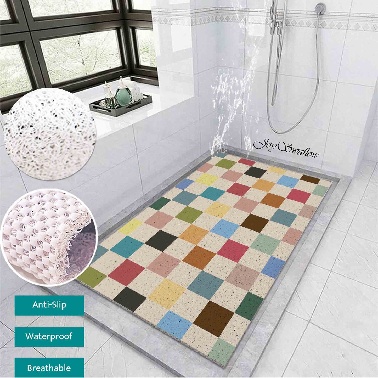 JoySwallow Personalized Bathtub Mat, Colour Mosaic Checkerboard Bathtub Mat, PVC Coil Shower Mat, Anti Skid PVC Coil Bathmat, Geometric Permeable Bathmat, Drainable Rug