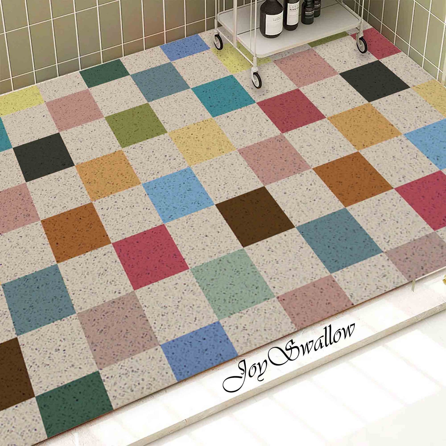 JoySwallow Personalized Bathtub Mat, Colour Mosaic Checkerboard Bathtub Mat, PVC Coil Shower Mat, Anti Skid PVC Coil Bathmat, Geometric Permeable Bathmat, Drainable Rug