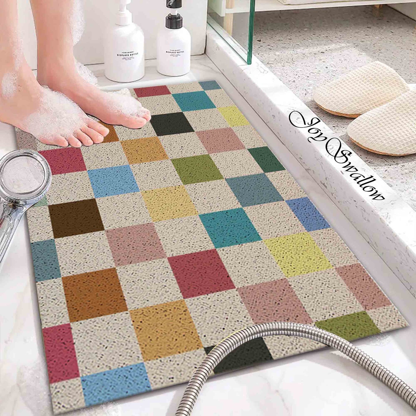 JoySwallow Personalized Bathtub Mat, Colour Mosaic Checkerboard Bathtub Mat, PVC Coil Shower Mat, Anti Skid PVC Coil Bathmat, Geometric Permeable Bathmat, Drainable Rug