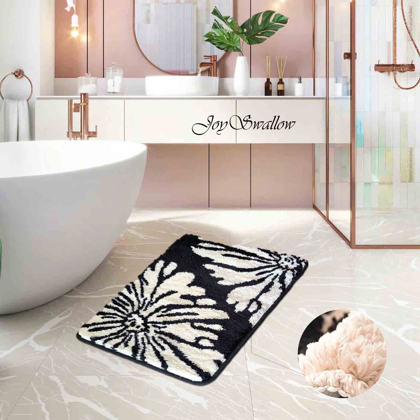 JoySwallow Black White Flowers Tufted Bathmat, Floral Bathroom Rug, Flower Area Rug, Floral Bedroom Rugs
