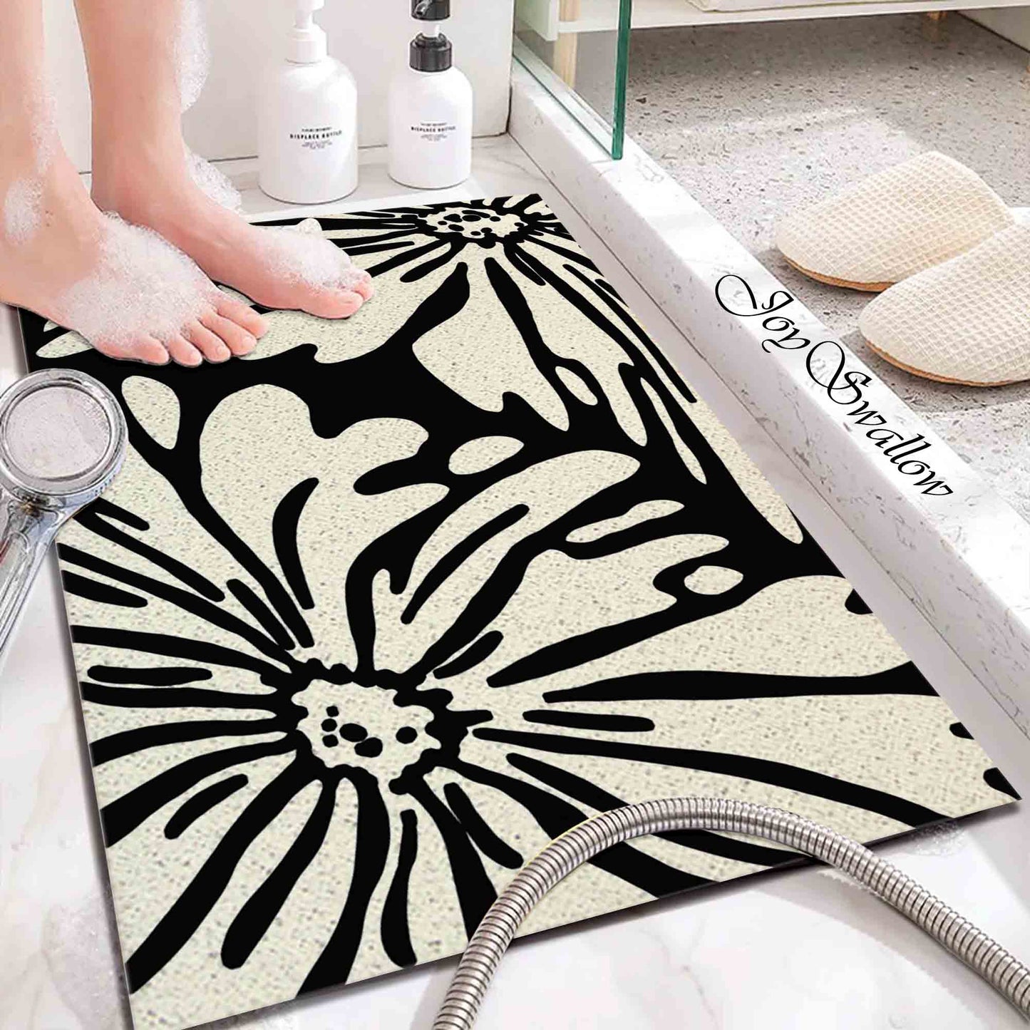 JoySwallow Personalized Bathtub Mat, Daisy Black and White Flower Bath Tub Mat, PVC Coil Permeable Bath Mat, Floral Drainable Bath Rug, Anti Skid Bathmat