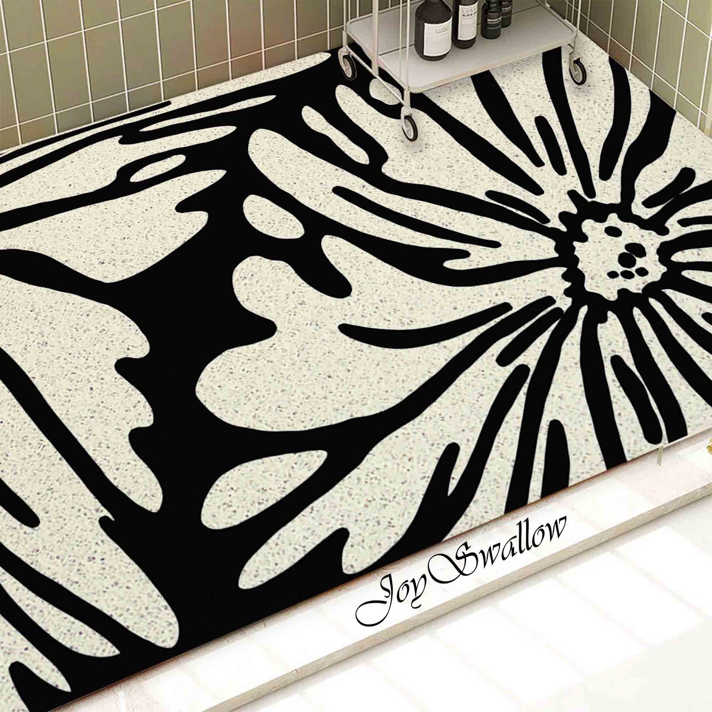 JoySwallow Personalized Bathtub Mat, Daisy Black and White Flower Bath Tub Mat, PVC Coil Permeable Bath Mat, Floral Drainable Bath Rug, Anti Skid Bathmat