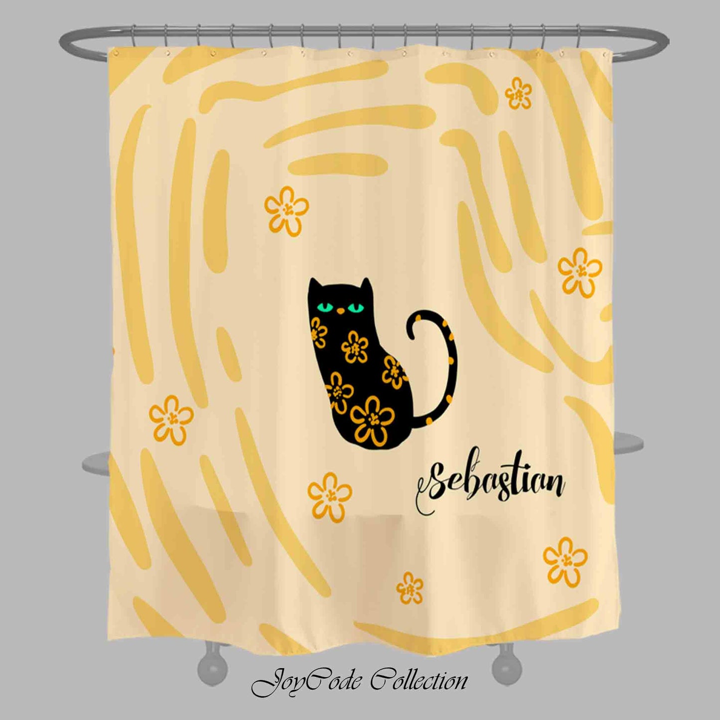 JoySwallow Personalized Shower Curtain, Flower Black Cat Curtain, Waterproof Curtains, Animal Machine Washable Shower Curtains, Heavy Weighted Bath Curtains with hooks