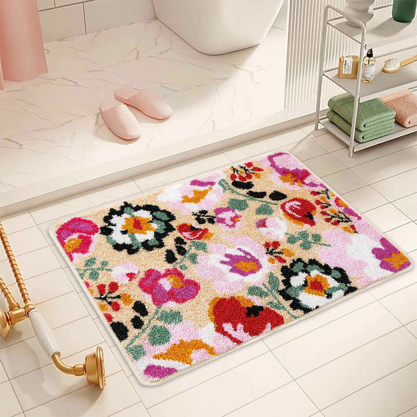 JoySwallow Personalized Bathtub Mat, Flower Garden in Summer Bathtub Mat, PVC Coil Shower Mat, Anti Skid PVC Coil Bathmat, Floral Permeable Bathmat, Irregular Shaped Drainable Rug
