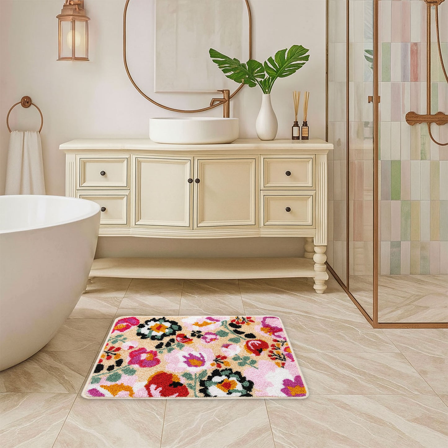 JoySwallow Personalized Bathtub Mat, Flower Garden in Summer Bathtub Mat, PVC Coil Shower Mat, Anti Skid PVC Coil Bathmat, Floral Permeable Bathmat, Irregular Shaped Drainable Rug