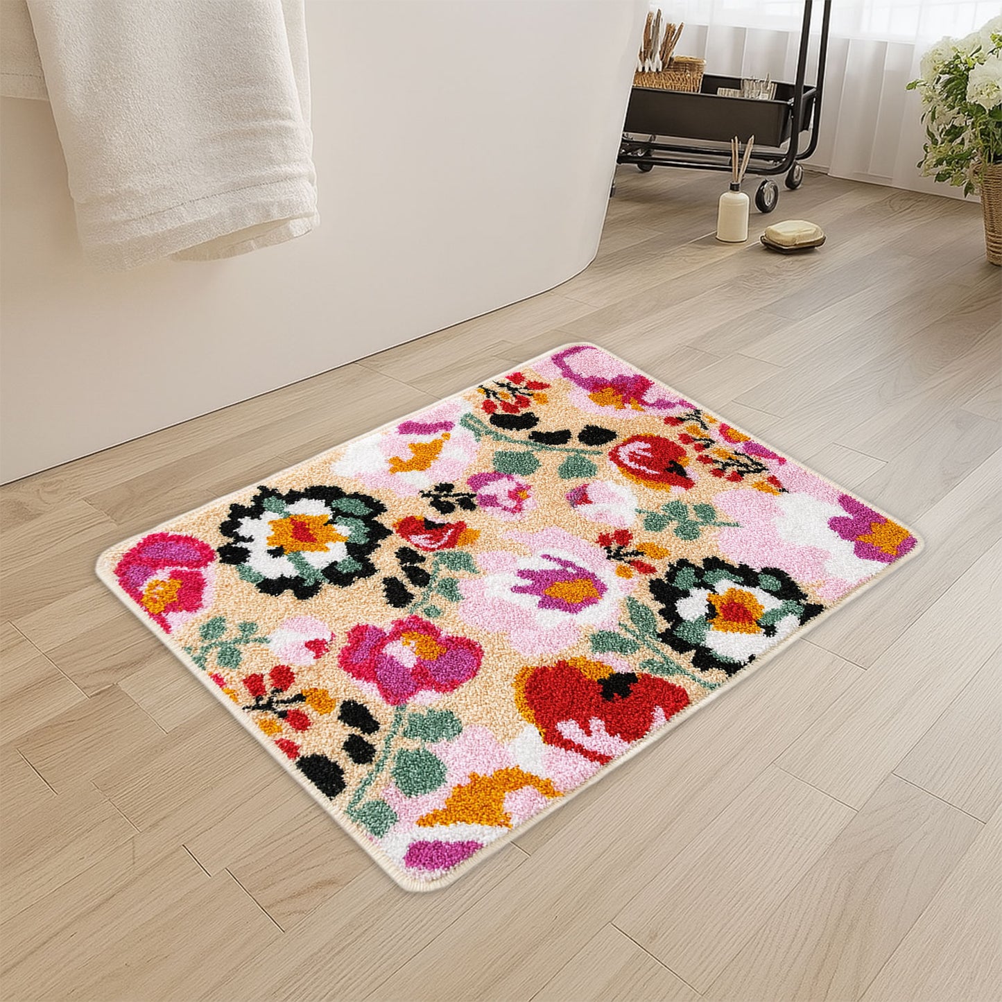 JoySwallow Personalized Bathtub Mat, Flower Garden in Summer Bathtub Mat, PVC Coil Shower Mat, Anti Skid PVC Coil Bathmat, Floral Permeable Bathmat, Irregular Shaped Drainable Rug