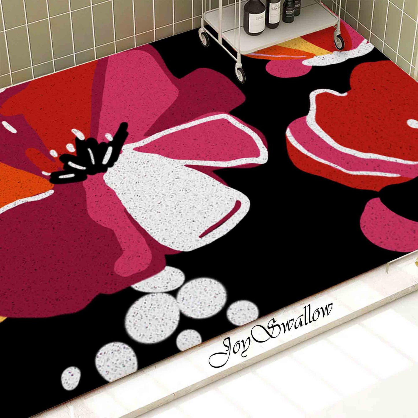 JoySwallow Personalized Bathtub Mat, Red Flowers Bath Tub Mat, PVC Coil Permeable Bath Mat, Floral Drainable Bath Rug, Anti Skid Bathmat