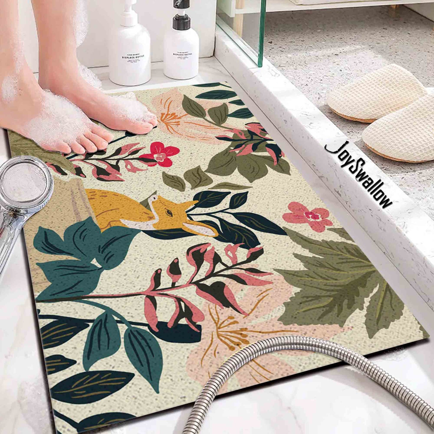 JoySwallow Personalized Bathtub Mat, Forest Deer Bathtub Mat, Animal PVC Coil Shower Mat, Anti Skid PVC Coil Bathmat, Deer Permeable Bathmat, Floral Glass and Pot Drainable Rug
