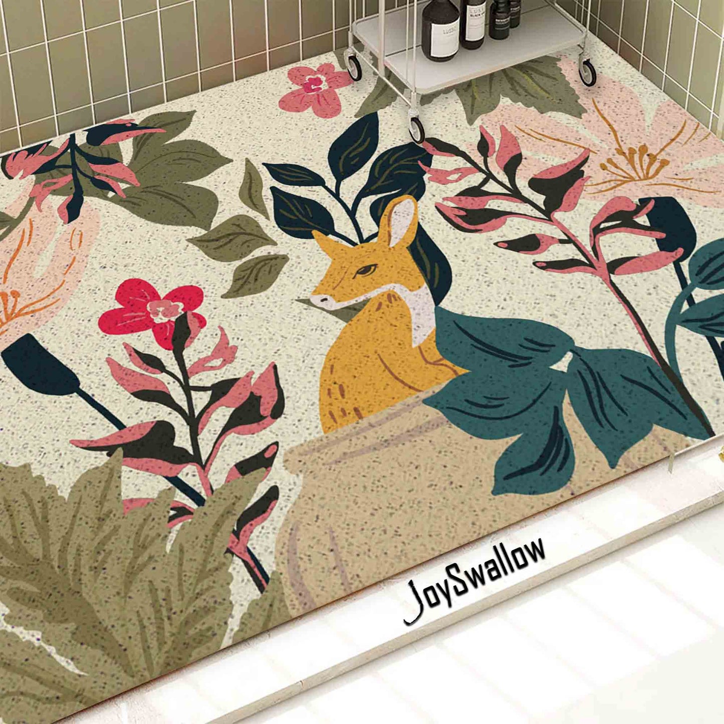 JoySwallow Personalized Bathtub Mat, Forest Deer Bathtub Mat, Animal PVC Coil Shower Mat, Anti Skid PVC Coil Bathmat, Deer Permeable Bathmat, Floral Glass and Pot Drainable Rug