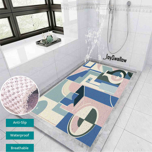 JoySwallow Personalized Bathtub Mat, Geometric Architectural Art Bathtub Mat, Color Blocks PVC Coil Shower Mat, Anti Skid PVC Coil Bathmat, Geometric Permeable Bathmat, Drainable Rug