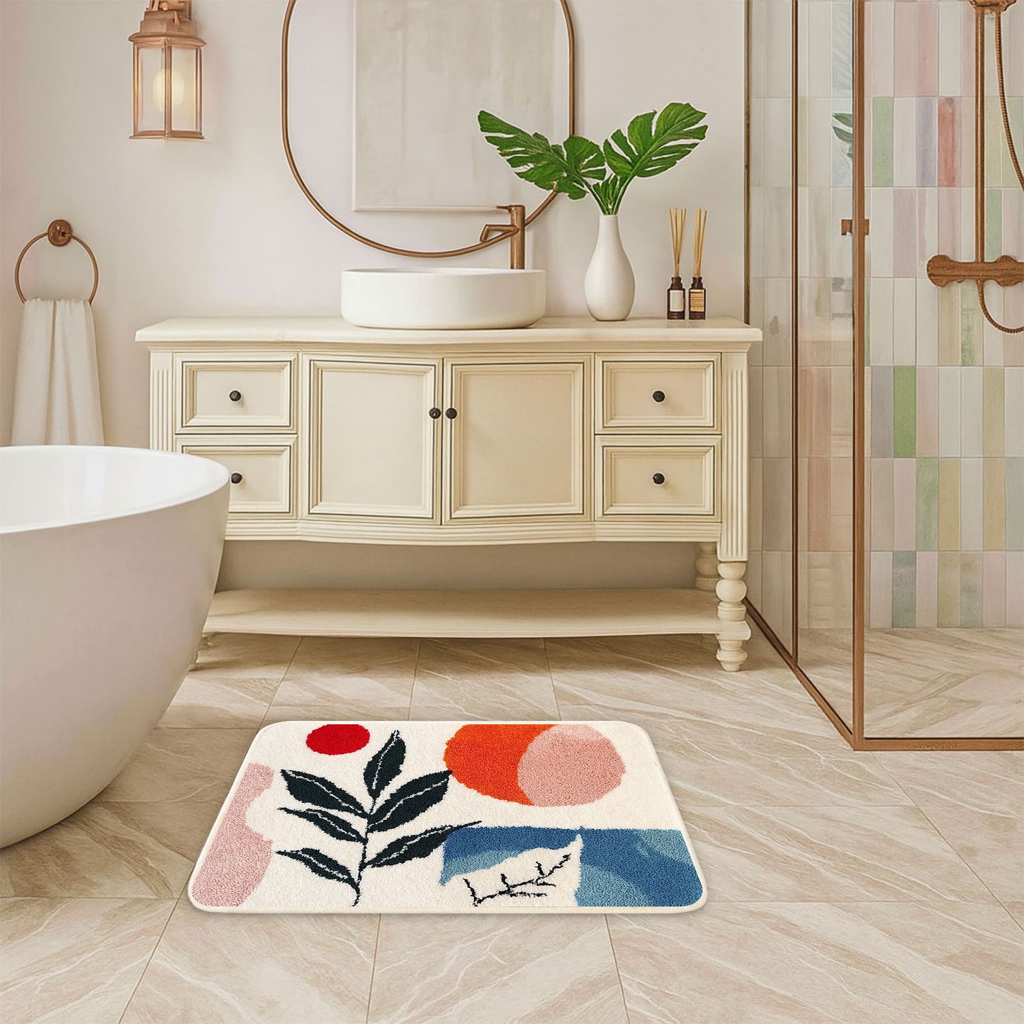 JoySwallow Geometrical Sun and Plant Tufted Bathmat, Floral Rug, Area Rug, Bedroom Rugs