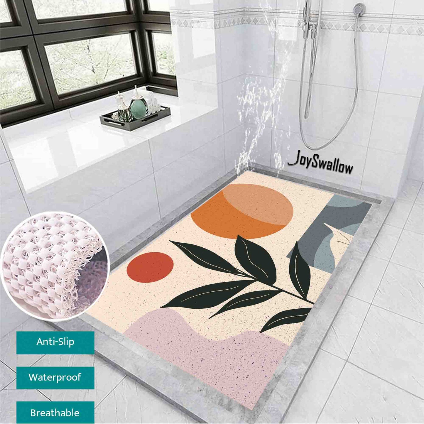 JoySwallow Personalized Bathtub Mat, Geometrical Sun Plant Bathtub Mat, Abstract PVC Coil Shower Mat, Anti Skid PVC Coil Bathmat, Geometric Permeable Bathmat, Drainable Rug